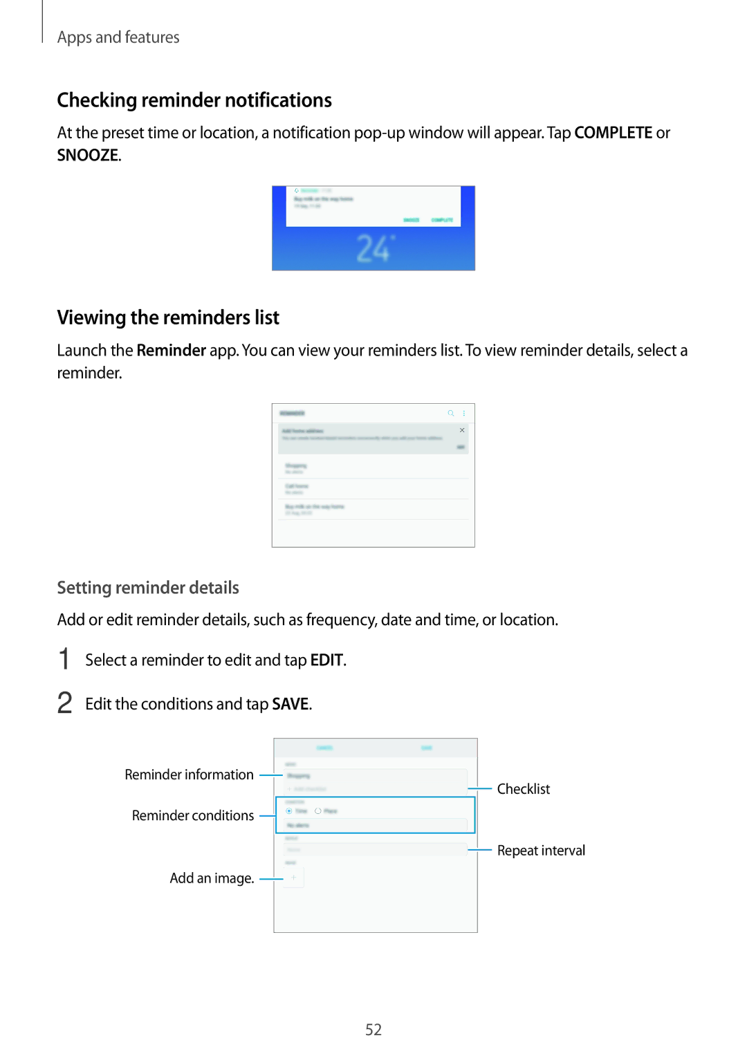 Samsung SM-T390NZKAXEZ manual Checking reminder notifications, Viewing the reminders list, Setting reminder details 