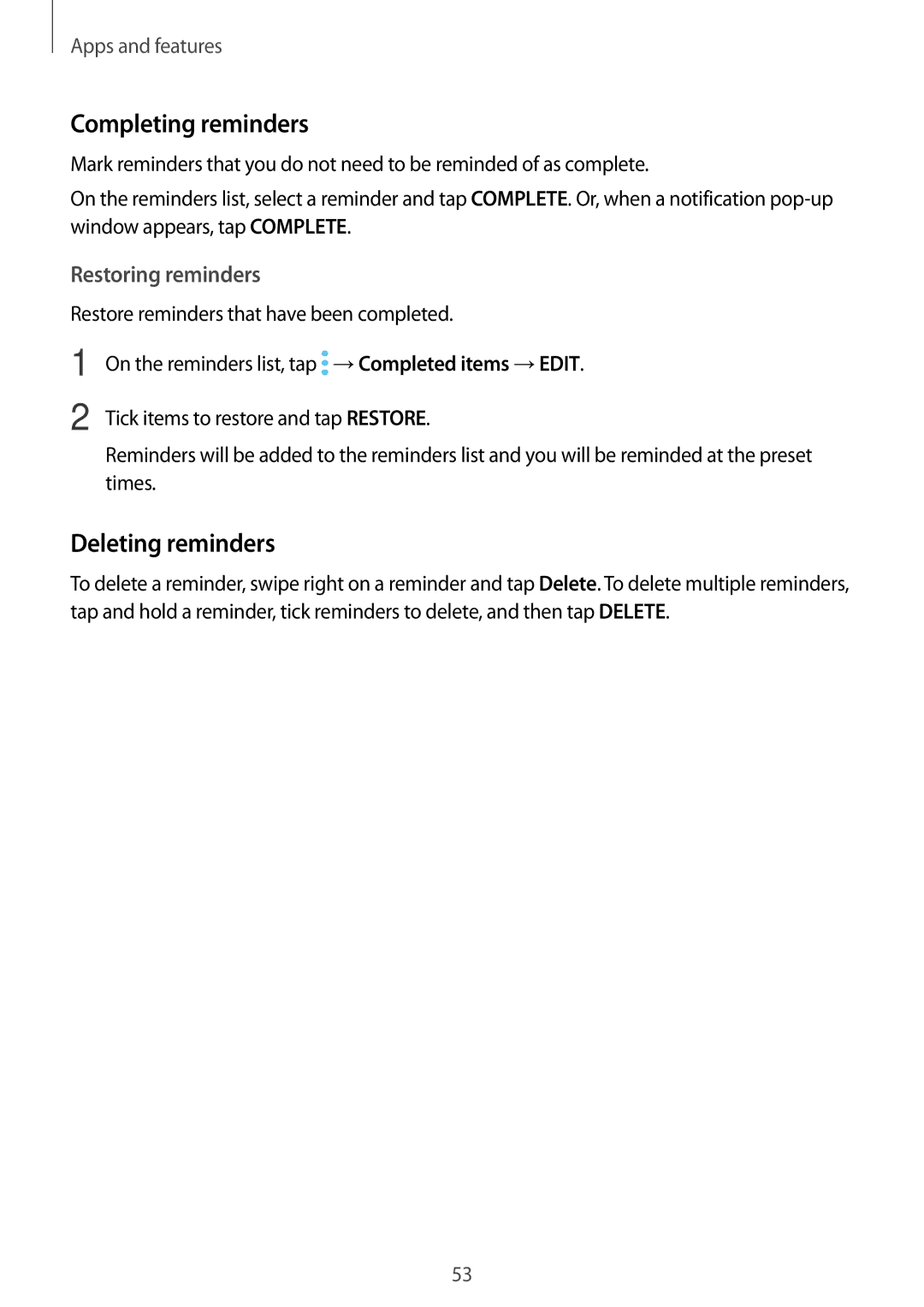 Samsung SM-T390NZKAEUR, SM-T390NZKAATO, SM-T390NZKAXEF manual Completing reminders, Deleting reminders, Restoring reminders 