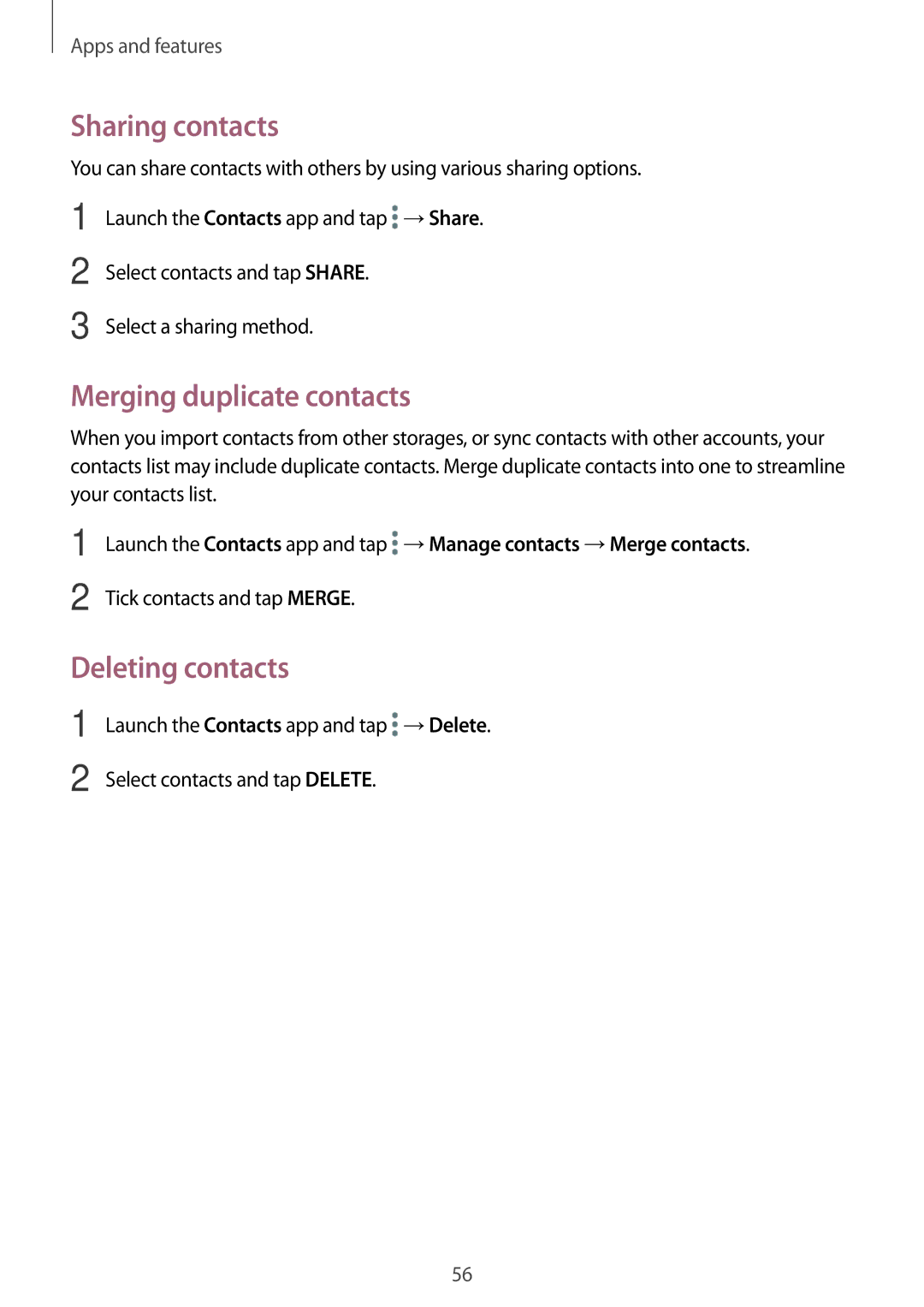 Samsung SM-T390NZKAATO manual Sharing contacts, Merging duplicate contacts, Deleting contacts, Tick contacts and tap Merge 