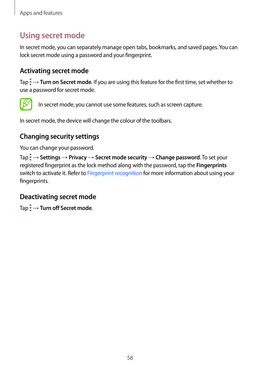 Samsung SM-T390NZKAITV Using secret mode, Activating secret mode, Changing security settings, Deactivating secret mode 