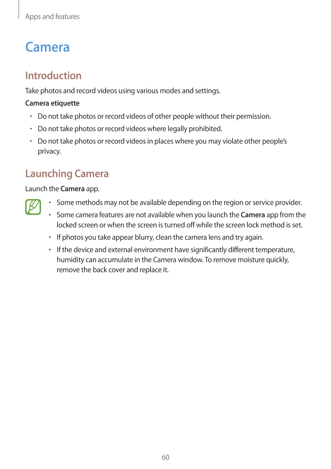 Samsung SM-T390NZKAXEZ, SM-T390NZKAATO, SM-T390NZKAXEF manual Launching Camera, Camera etiquette, Launch the Camera app 