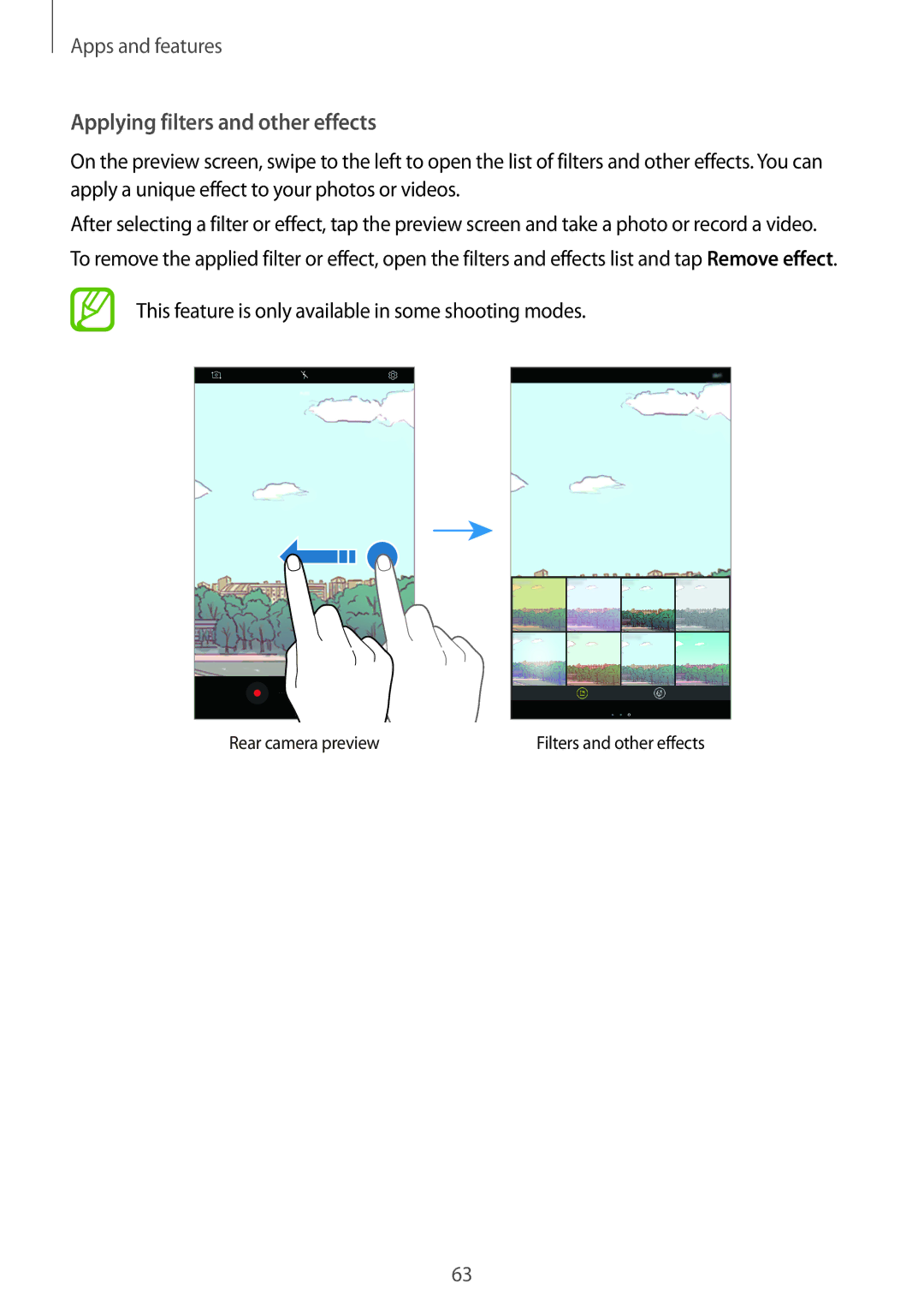 Samsung SM-T390NZKASER manual Applying filters and other effects, This feature is only available in some shooting modes 
