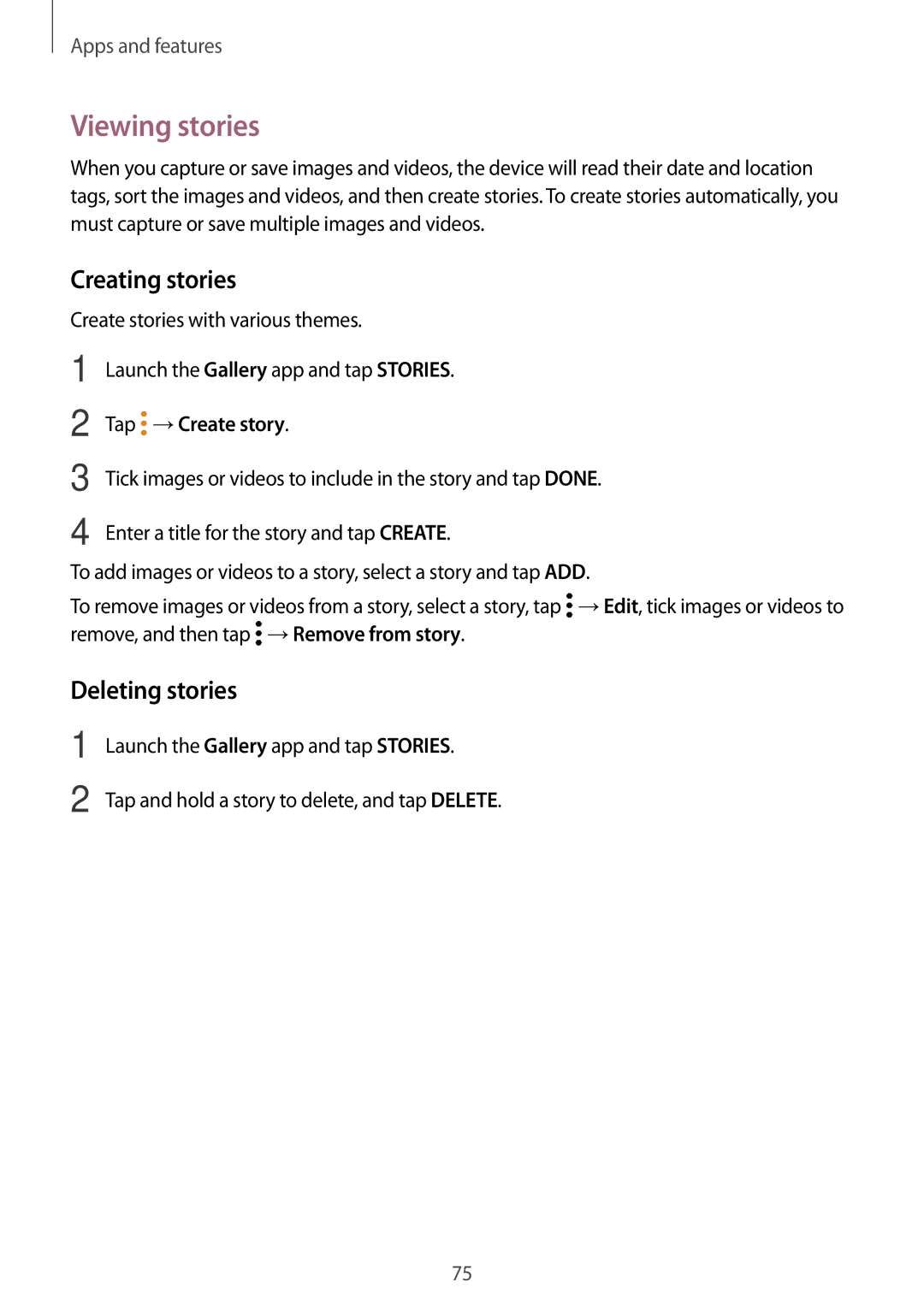 Samsung SM-T390NZKAPHE, SM-T390NZKAATO manual Viewing stories, Creating stories, Deleting stories, Tap →Create story 