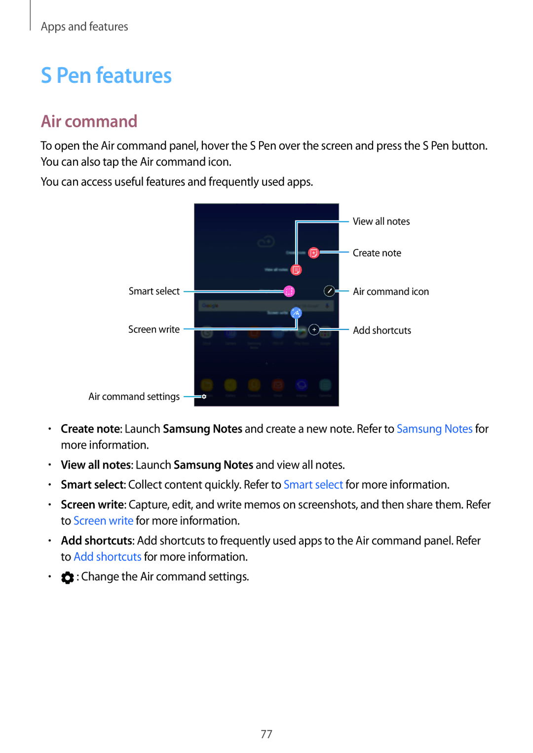 Samsung SM-T390NZKAEUR, SM-T390NZKAATO Pen features, Air command, View all notes Launch Samsung Notes and view all notes 