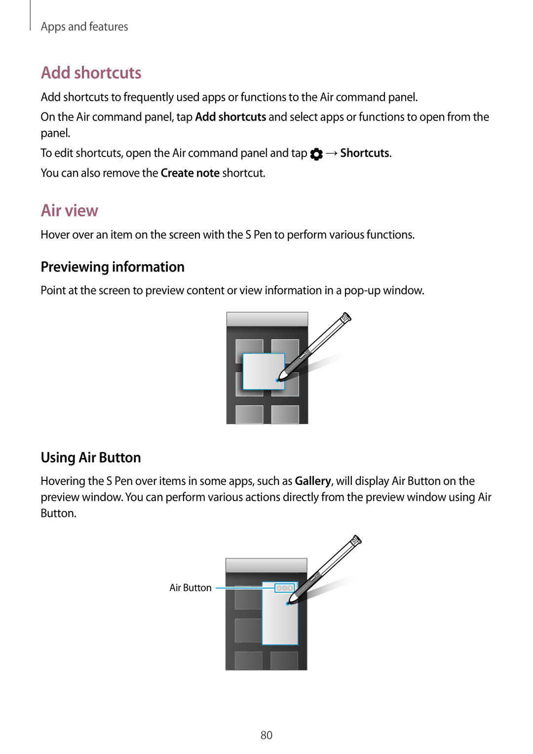 Samsung SM-T390NZKAATO, SM-T390NZKAXEF, SM-T390NZKAITV Add shortcuts, Air view, Previewing information, Using Air Button 