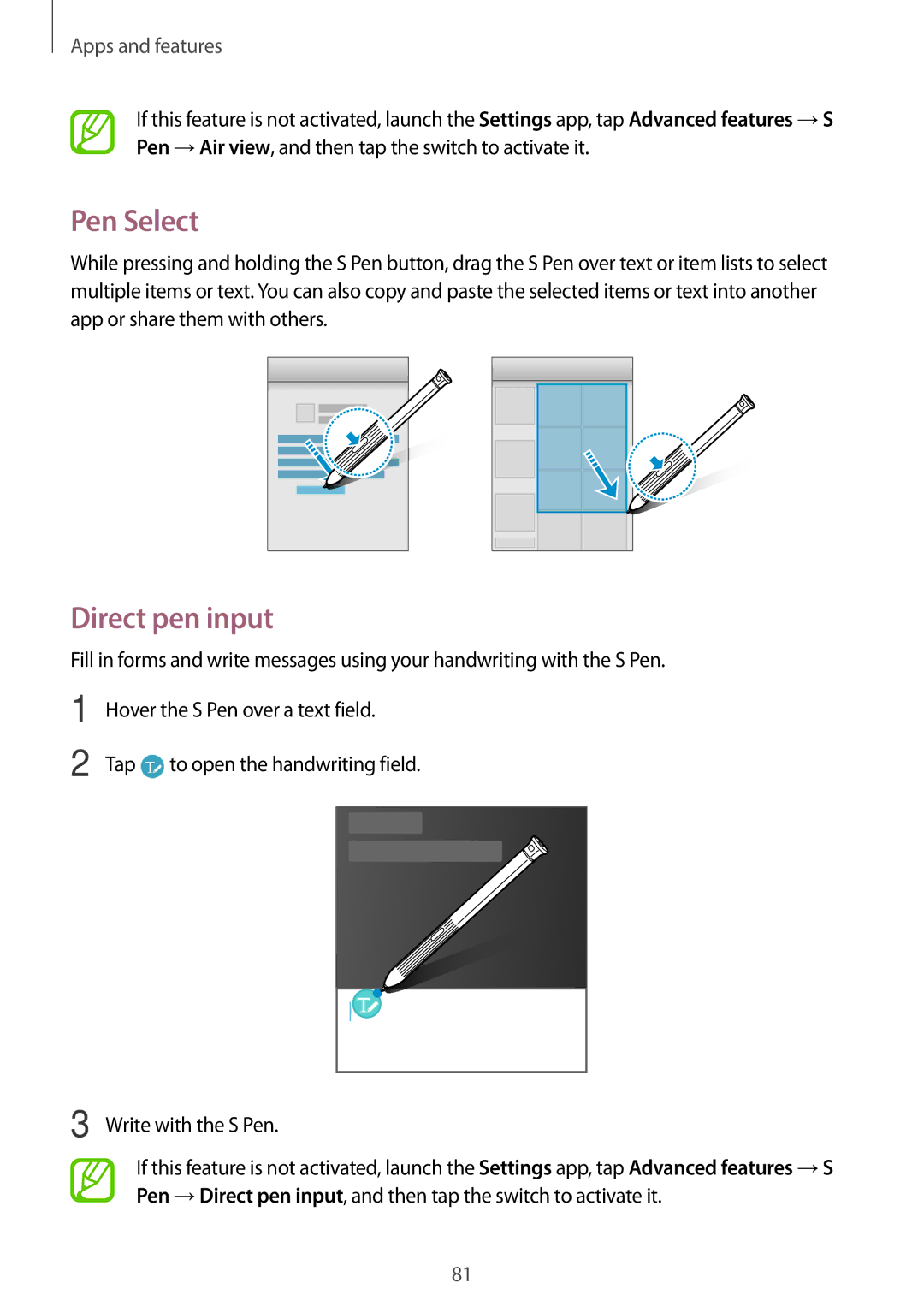 Samsung SM-T390NZKAXEF, SM-T390NZKAATO, SM-T390NZKAITV, SM-T390NZKAPHE, SM-T390NZKAXEZ manual Pen Select, Direct pen input 