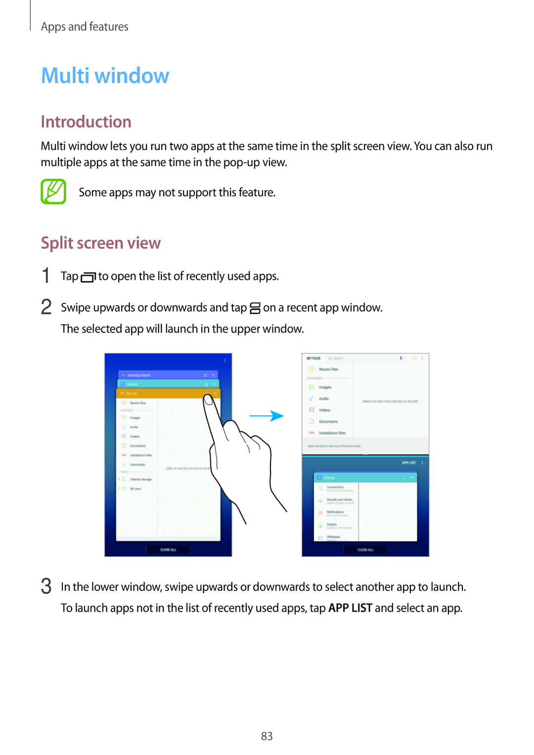 Samsung SM-T390NZKAPHE, SM-T390NZKAATO manual Multi window, Split screen view, Tap to open the list of recently used apps 