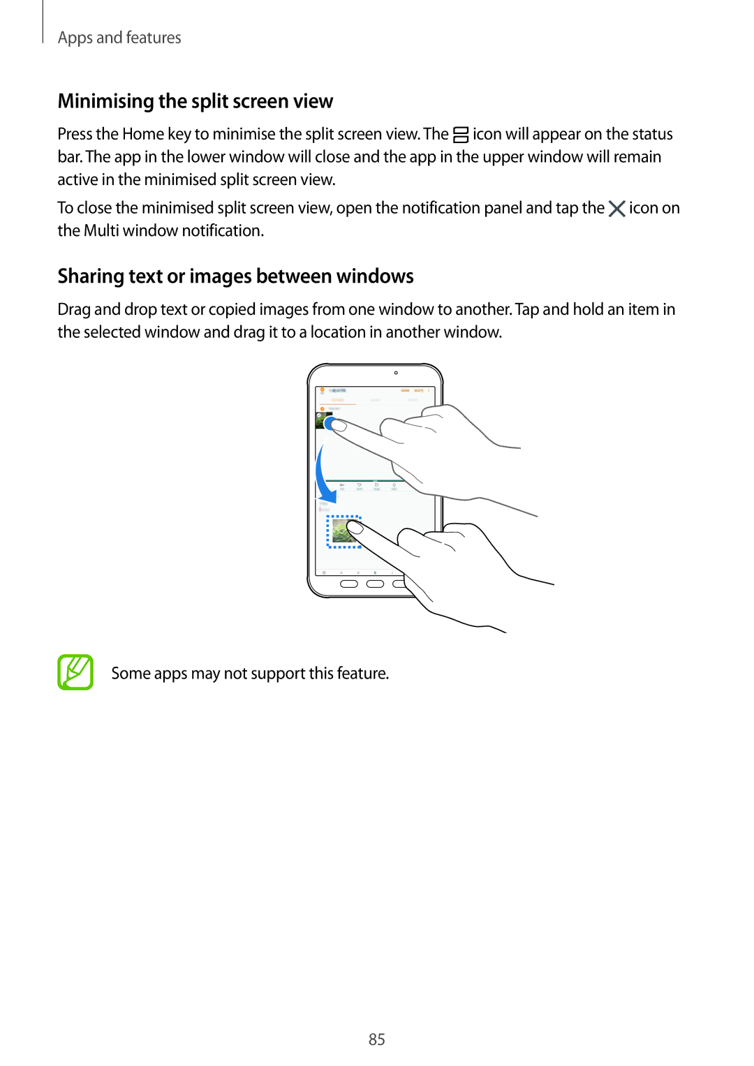 Samsung SM-T390NZKAEUR, SM-T390NZKAATO manual Minimising the split screen view, Sharing text or images between windows 