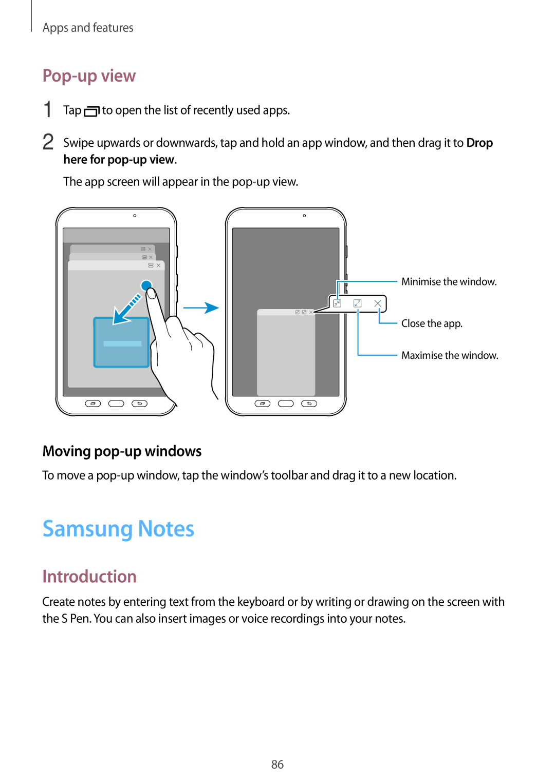 Samsung SM-T390NZKAXSK, SM-T390NZKAATO manual Samsung Notes, Pop-up view, Moving pop-up windows, Here for pop-up view 