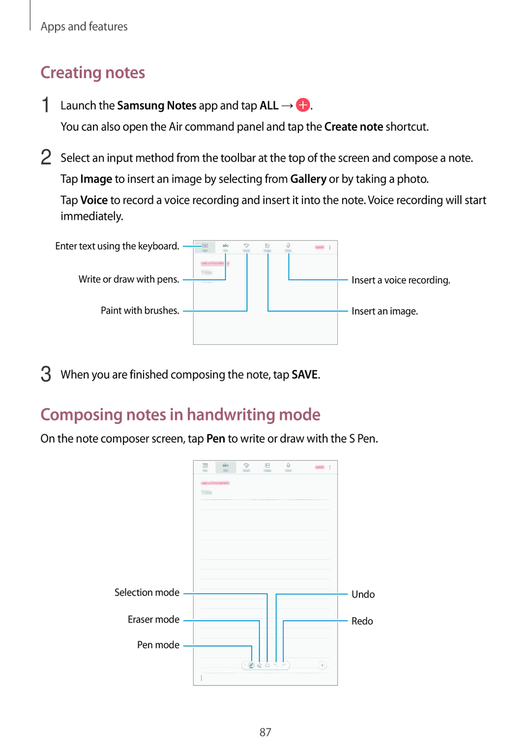 Samsung SM-T390NZKASER, SM-T390NZKAATO, SM-T390NZKAXEF, SM-T390NZKAITV Creating notes, Composing notes in handwriting mode 