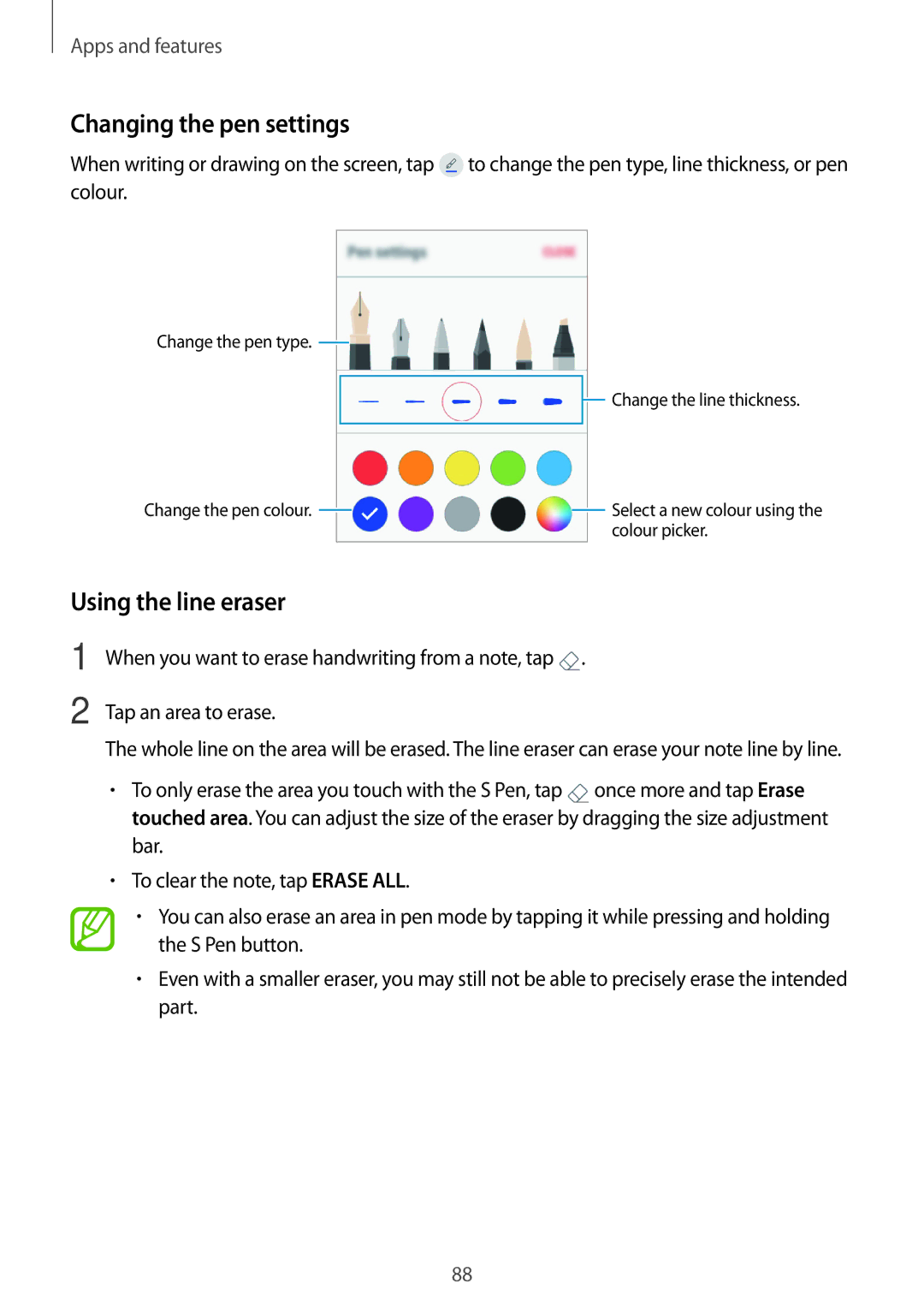 Samsung SM-T390NZKAATO, SM-T390NZKAXEF, SM-T390NZKAITV, SM-T390NZKAPHE manual Changing the pen settings, Using the line eraser 