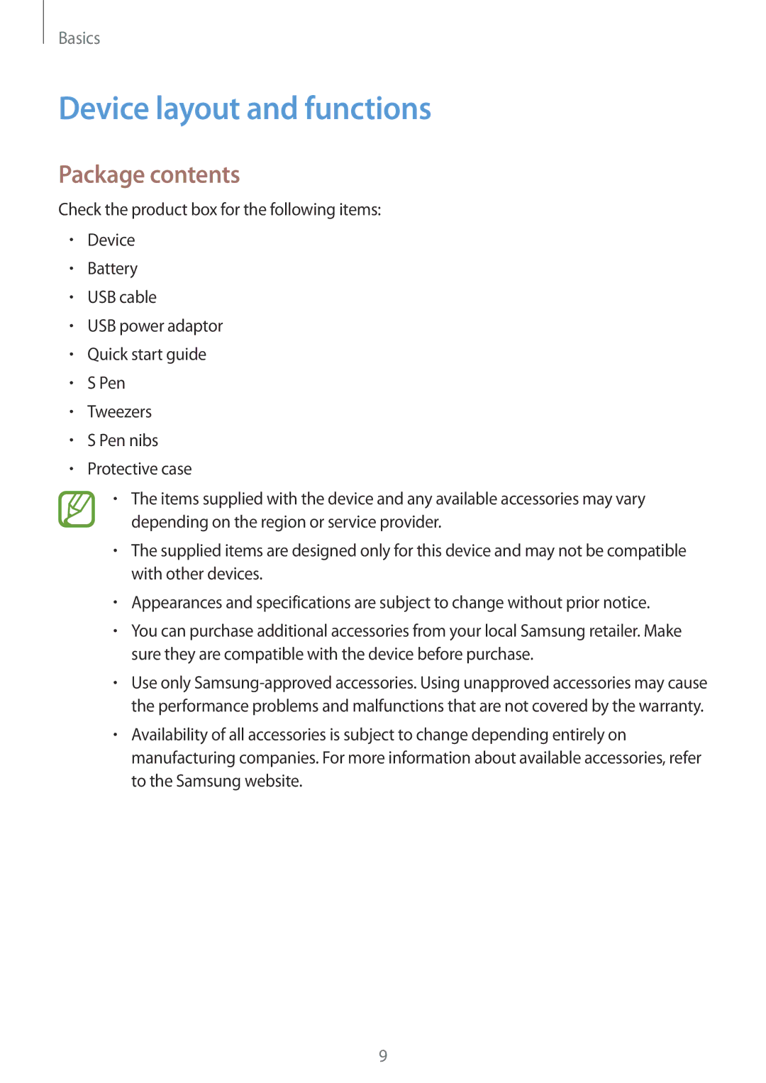 Samsung SM-T390NZKAXEF, SM-T390NZKAATO, SM-T390NZKAITV, SM-T390NZKAPHE manual Device layout and functions, Package contents 