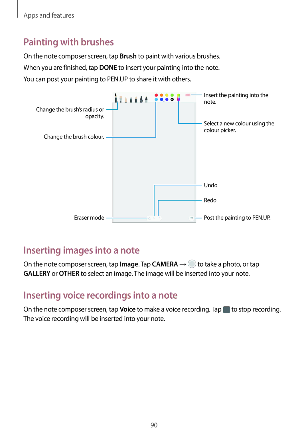 Samsung SM-T390NZKAITV manual Painting with brushes, Inserting images into a note, Inserting voice recordings into a note 