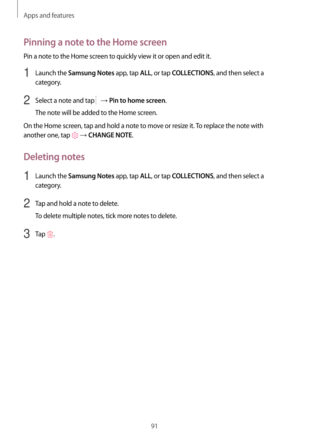 Samsung SM-T390NZKAPHE, SM-T390NZKAATO, SM-T390NZKAXEF manual Pinning a note to the Home screen, Deleting notes, Category 