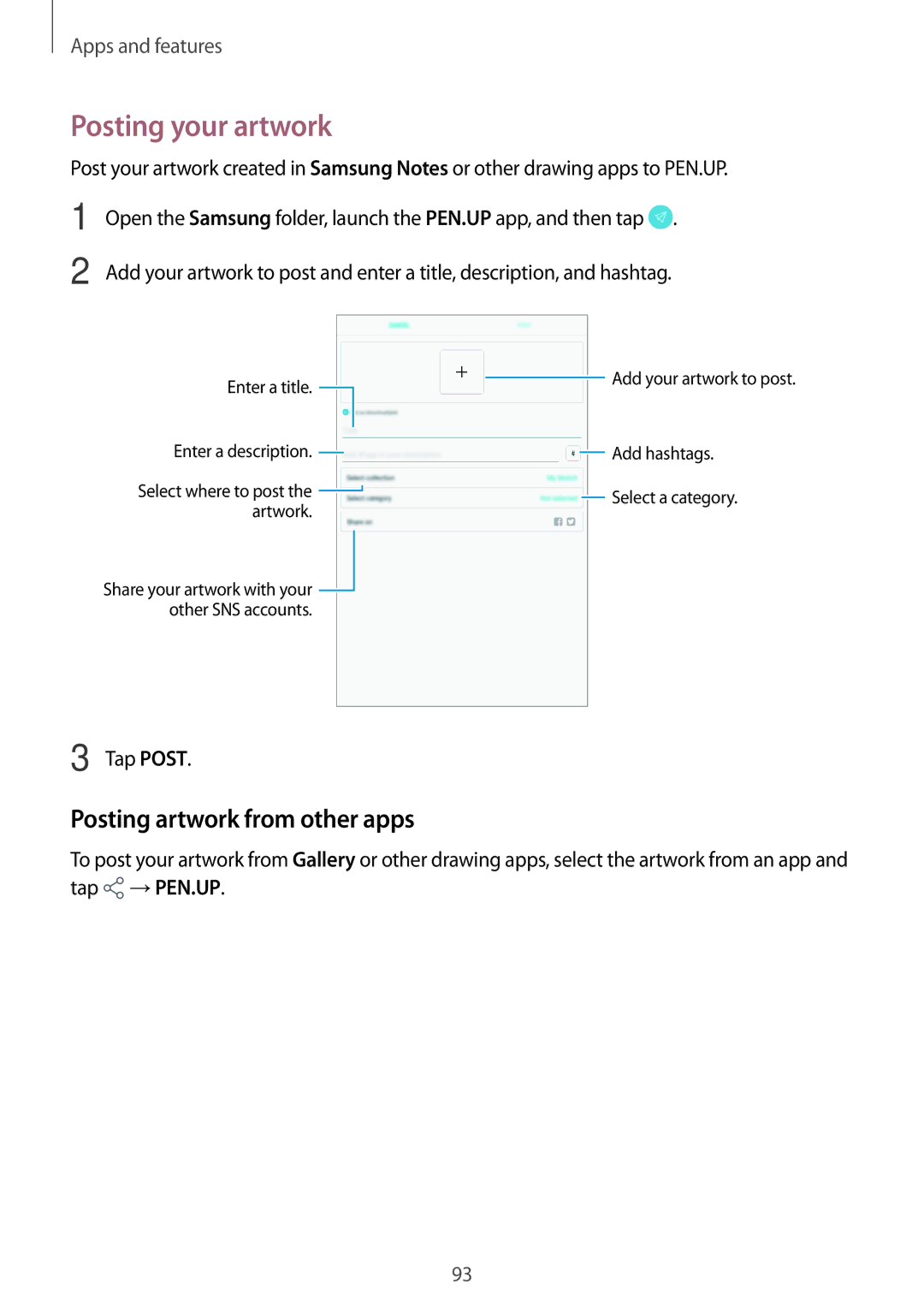 Samsung SM-T390NZKAEUR, SM-T390NZKAATO, SM-T390NZKAXEF manual Posting your artwork, Posting artwork from other apps, Tap Post 