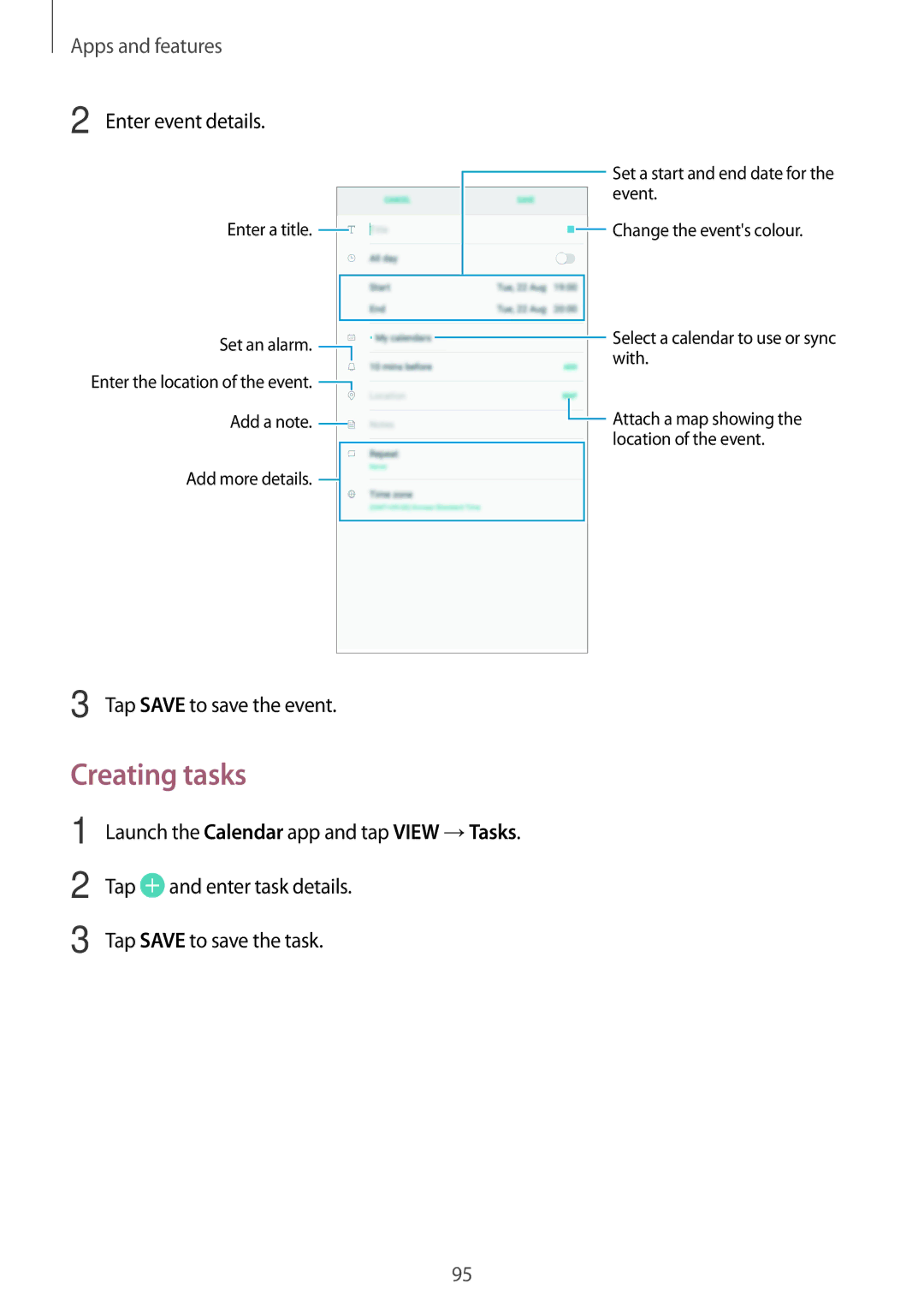 Samsung SM-T390NZKASER, SM-T390NZKAATO, SM-T390NZKAXEF manual Creating tasks, Enter event details, Tap Save to save the event 