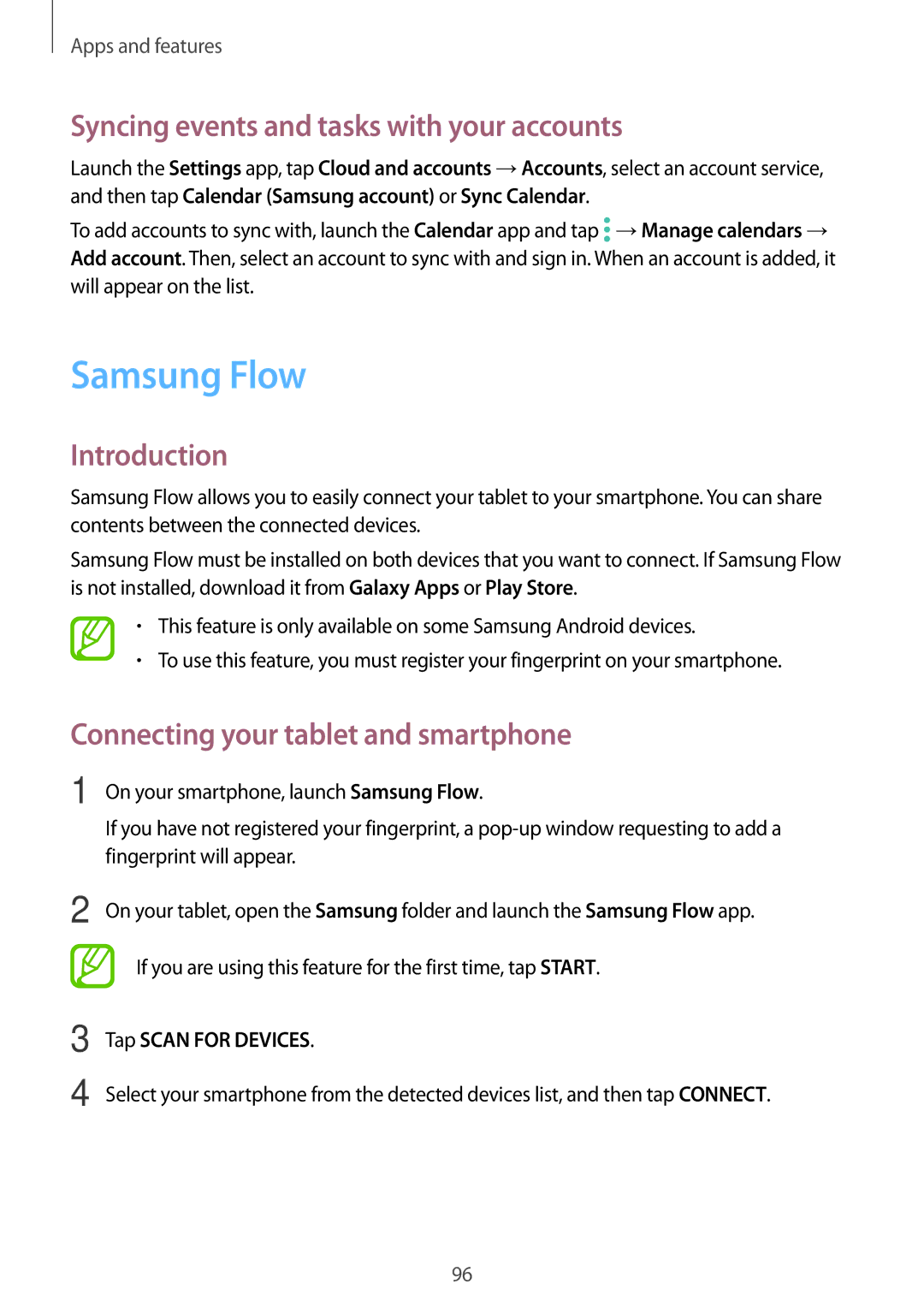 Samsung SM-T390NZKAATO Samsung Flow, Syncing events and tasks with your accounts, Connecting your tablet and smartphone 