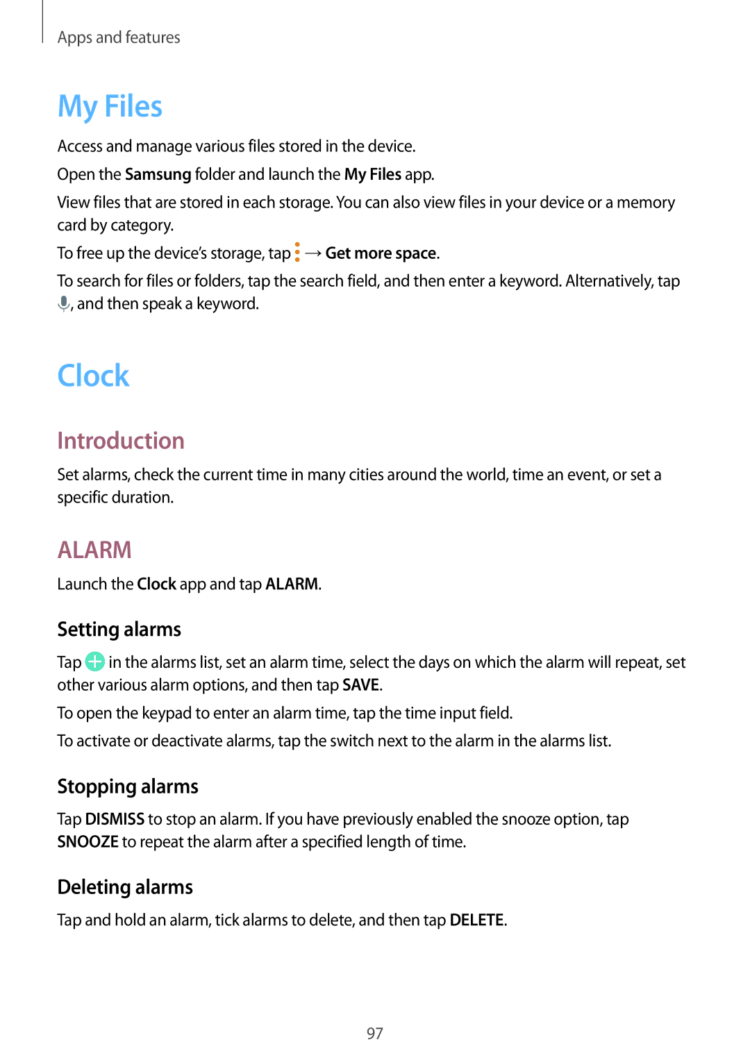 Samsung SM-T390NZKAXEF, SM-T390NZKAATO, SM-T390NZKAITV My Files, Clock, Setting alarms, Stopping alarms, Deleting alarms 