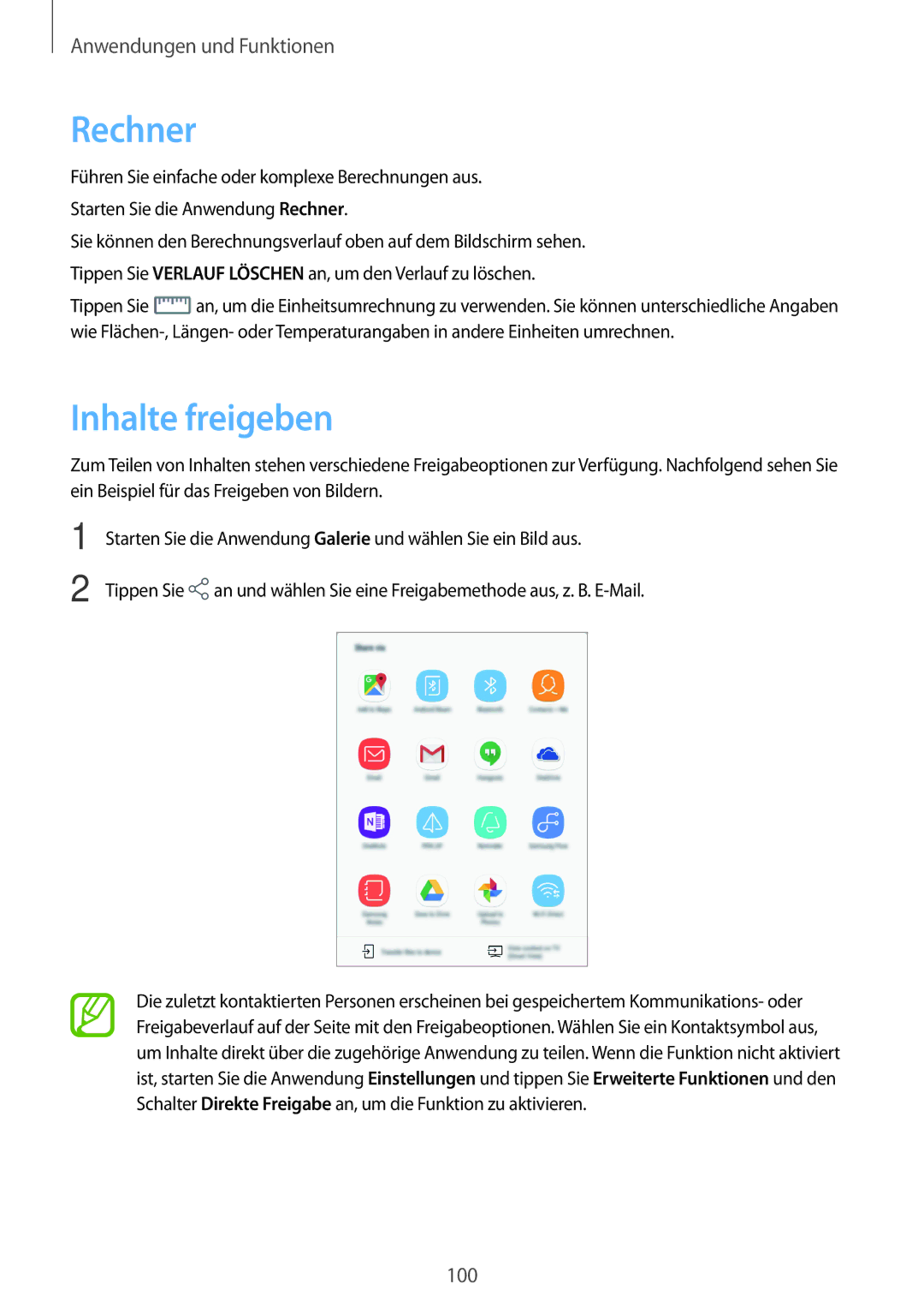 Samsung SM-T390NZKAATO manual Rechner, Inhalte freigeben 