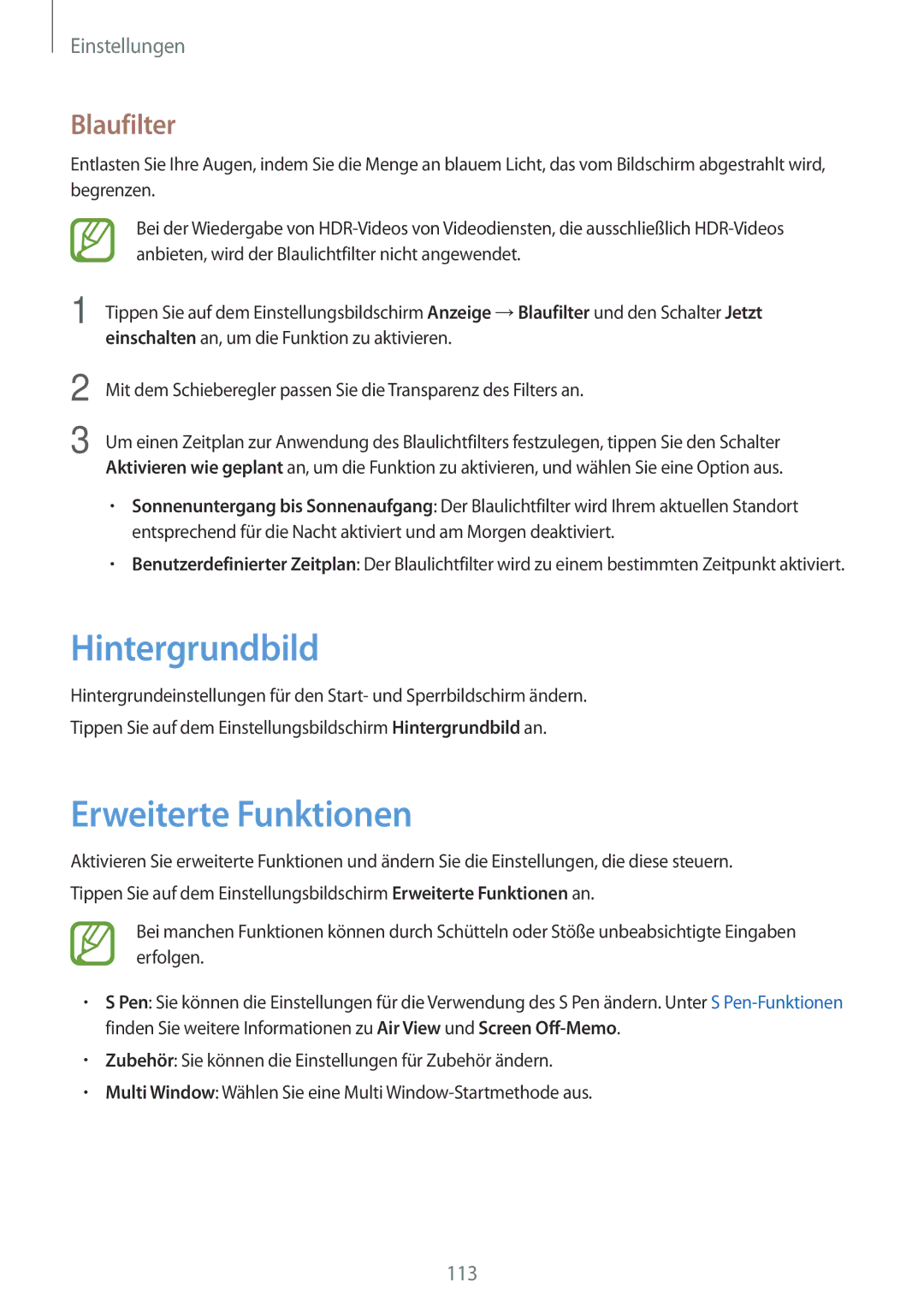 Samsung SM-T390NZKAATO manual Hintergrundbild, Erweiterte Funktionen, Blaufilter 