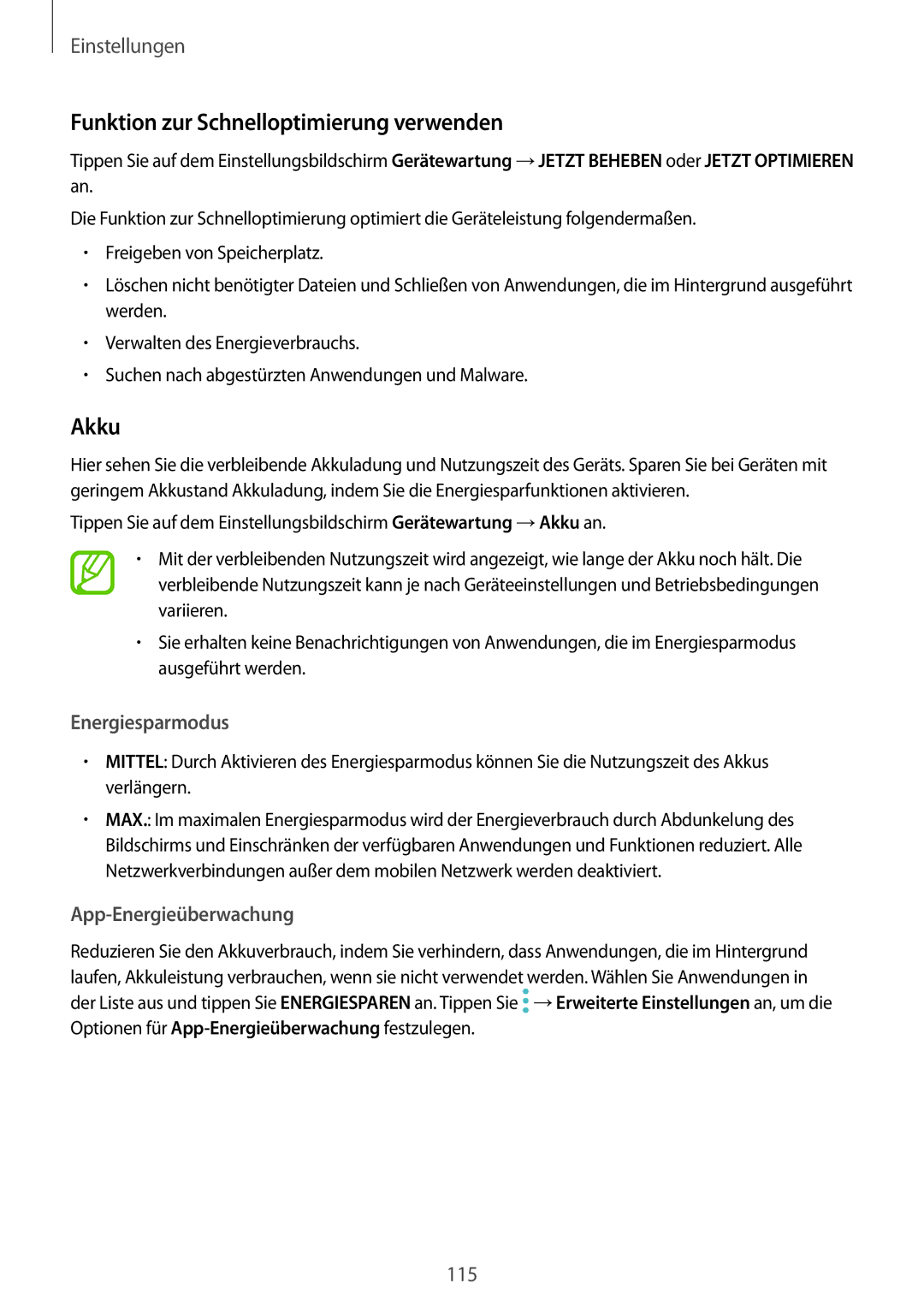 Samsung SM-T390NZKAATO manual Funktion zur Schnelloptimierung verwenden, Akku, Energiesparmodus, App-Energieüberwachung 