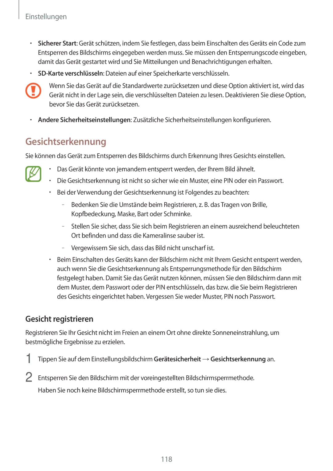 Samsung SM-T390NZKAATO manual Gesichtserkennung, Gesicht registrieren 