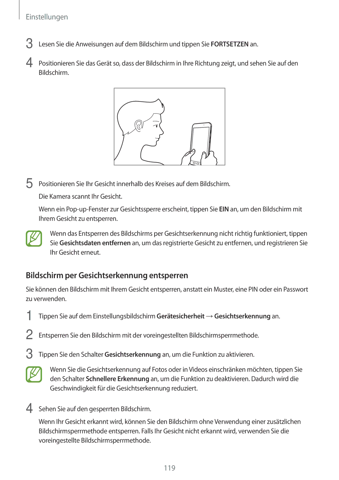 Samsung SM-T390NZKAATO manual Bildschirm per Gesichtserkennung entsperren 