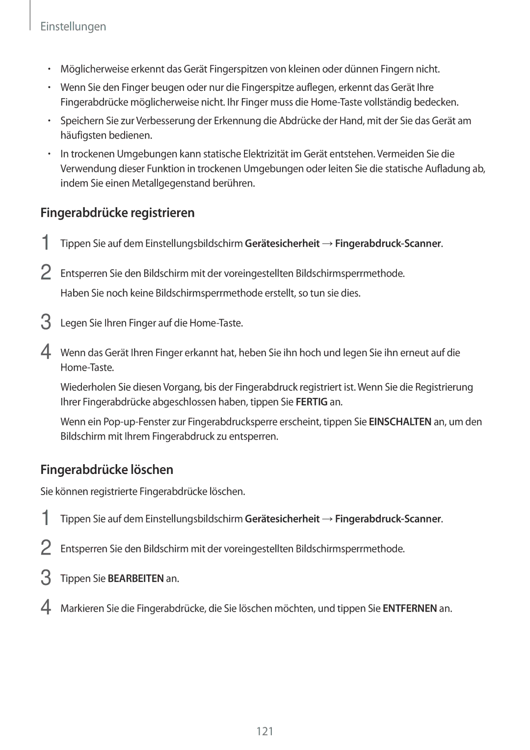 Samsung SM-T390NZKAATO manual Fingerabdrücke registrieren, Fingerabdrücke löschen 