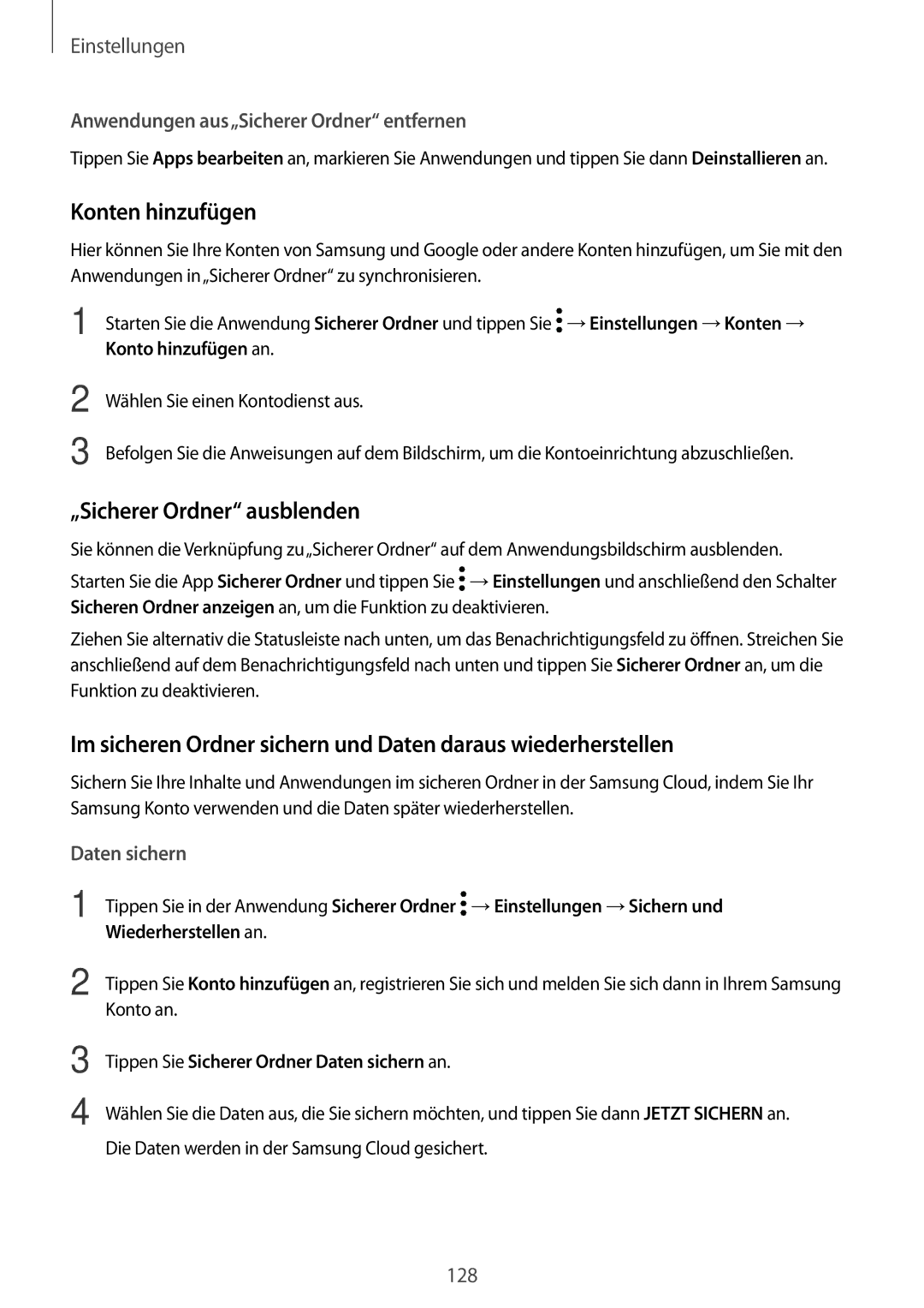 Samsung SM-T390NZKAATO manual Konten hinzufügen, „Sicherer Ordner ausblenden, Anwendungen aus„Sicherer Ordner entfernen 