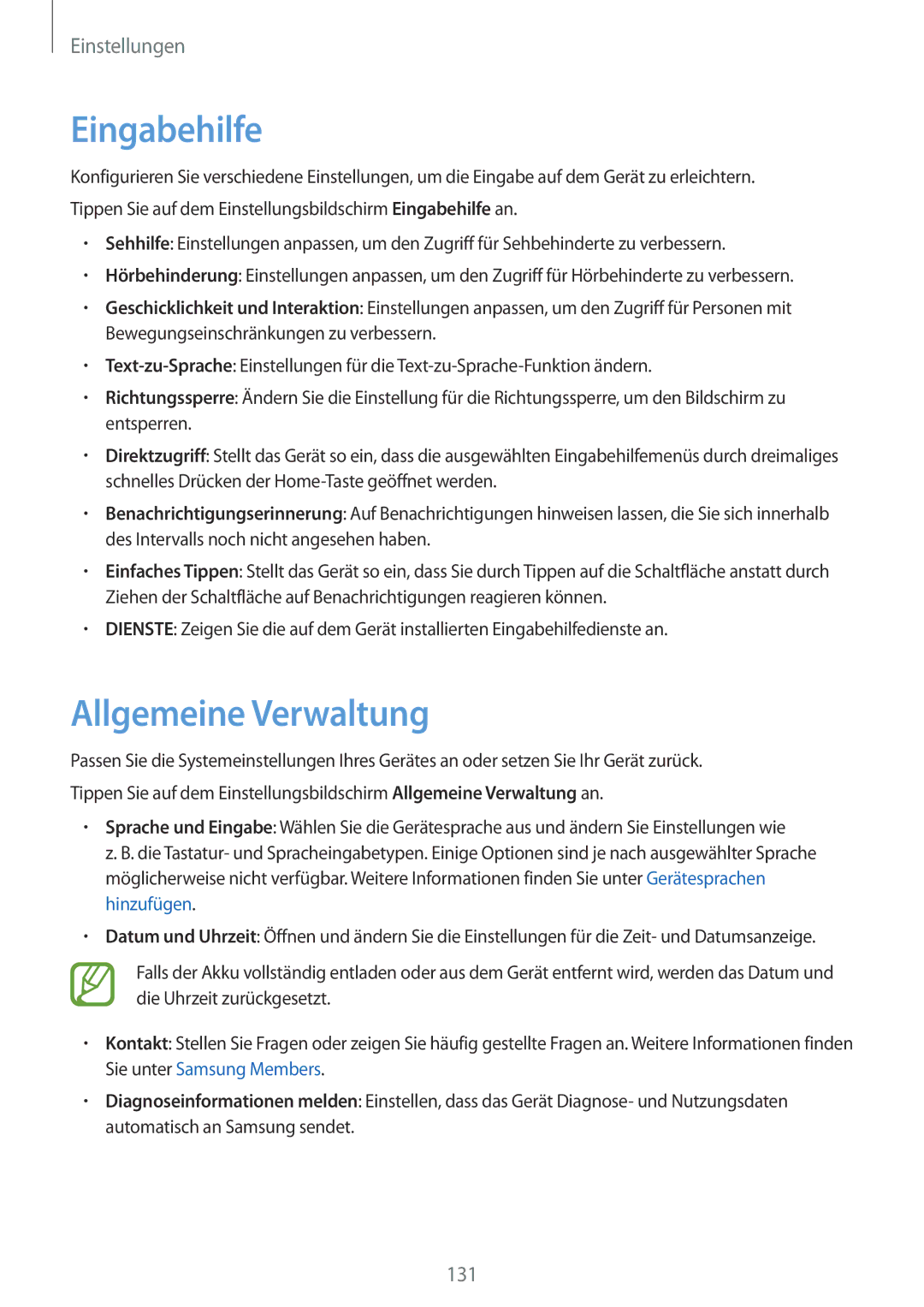 Samsung SM-T390NZKAATO manual Eingabehilfe, Allgemeine Verwaltung 