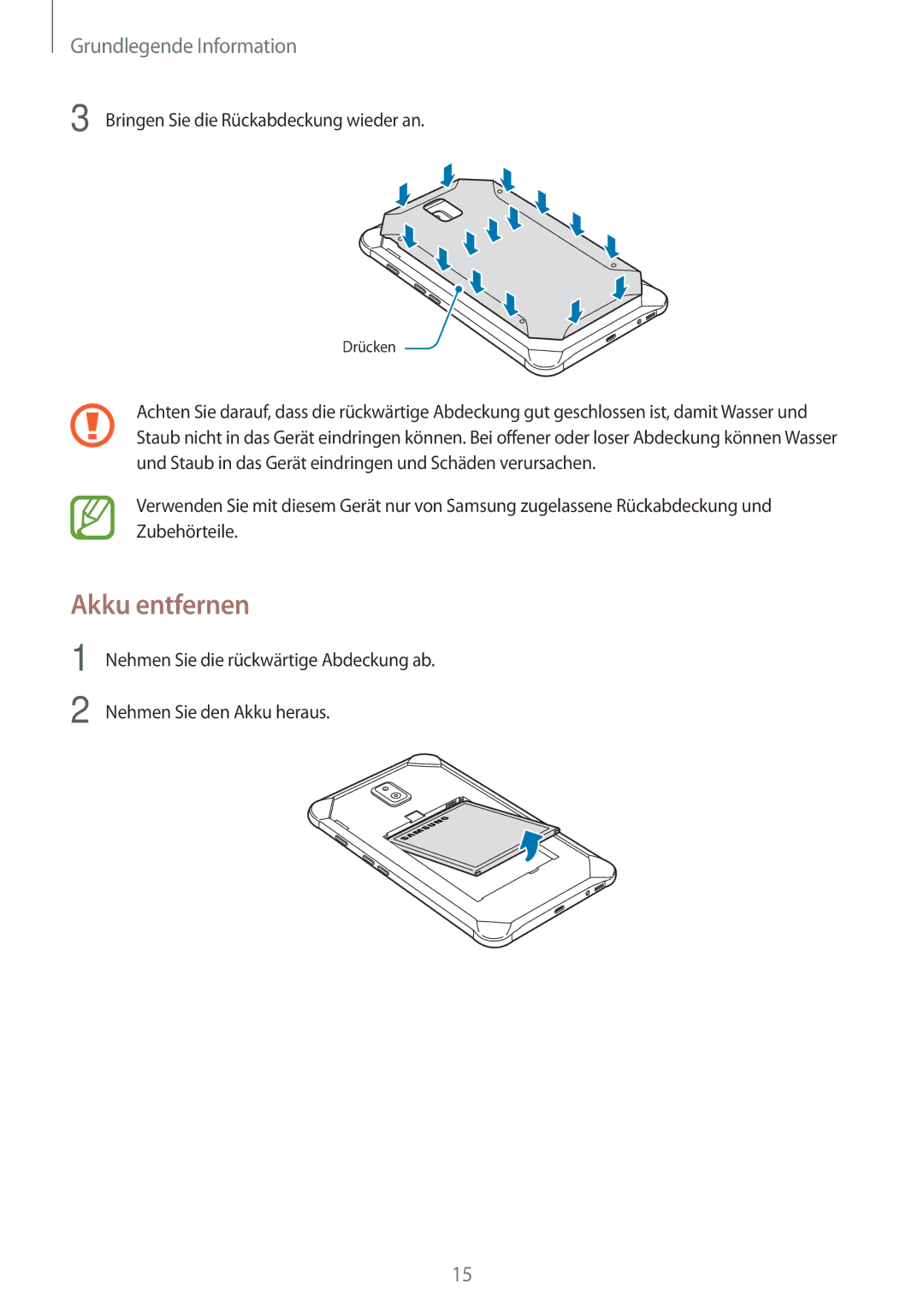 Samsung SM-T390NZKAATO manual Akku entfernen, Bringen Sie die Rückabdeckung wieder an 