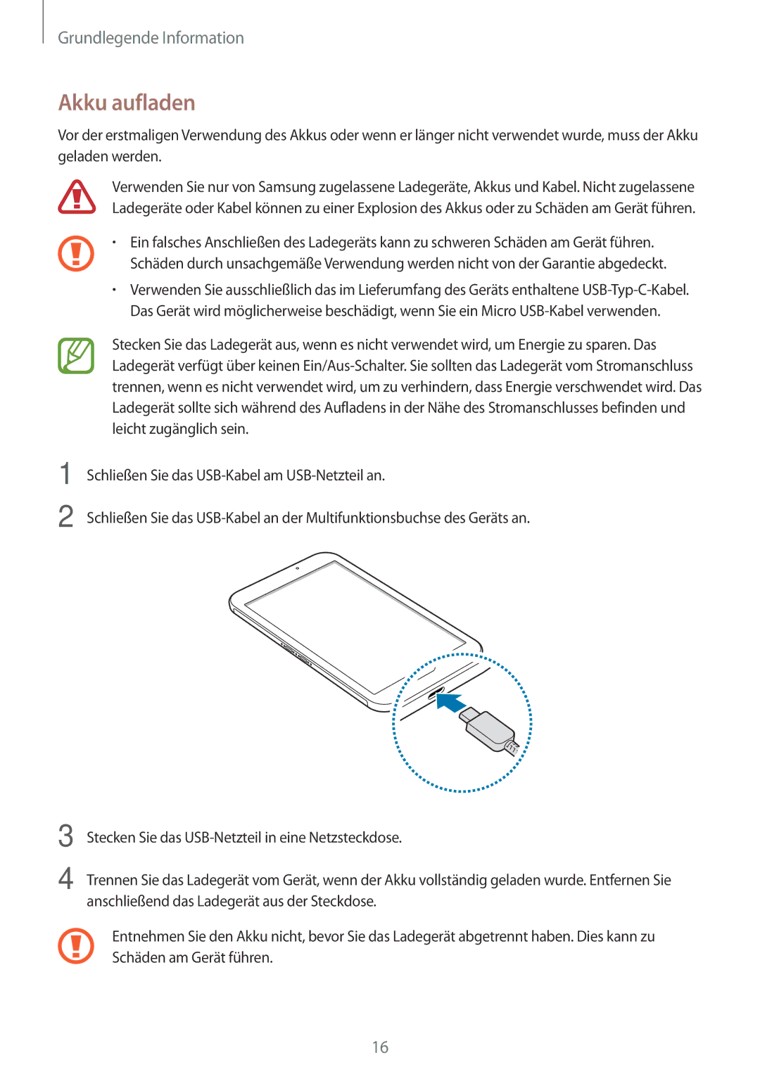 Samsung SM-T390NZKAATO manual Akku aufladen 