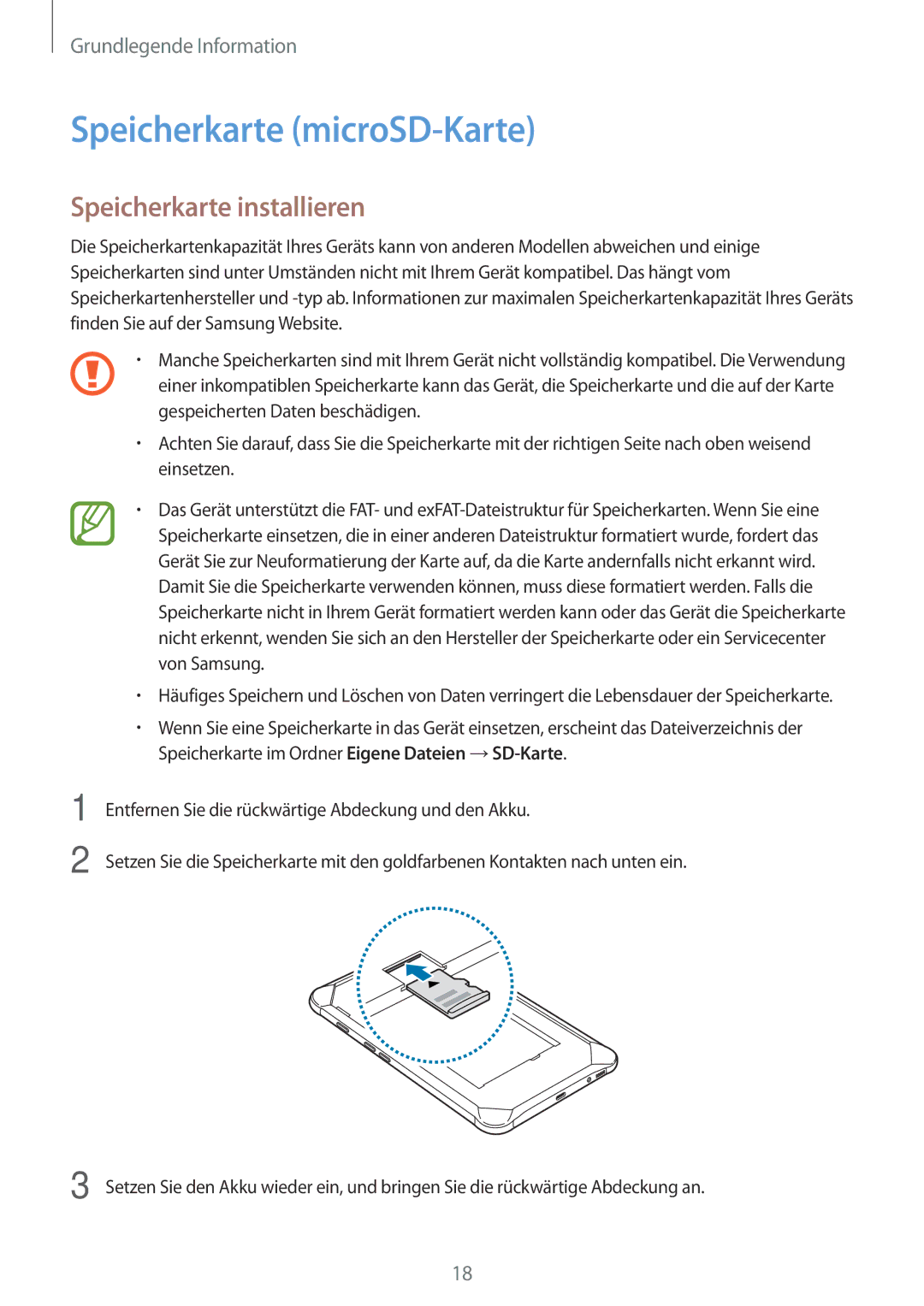 Samsung SM-T390NZKAATO manual Speicherkarte microSD-Karte, Speicherkarte installieren 