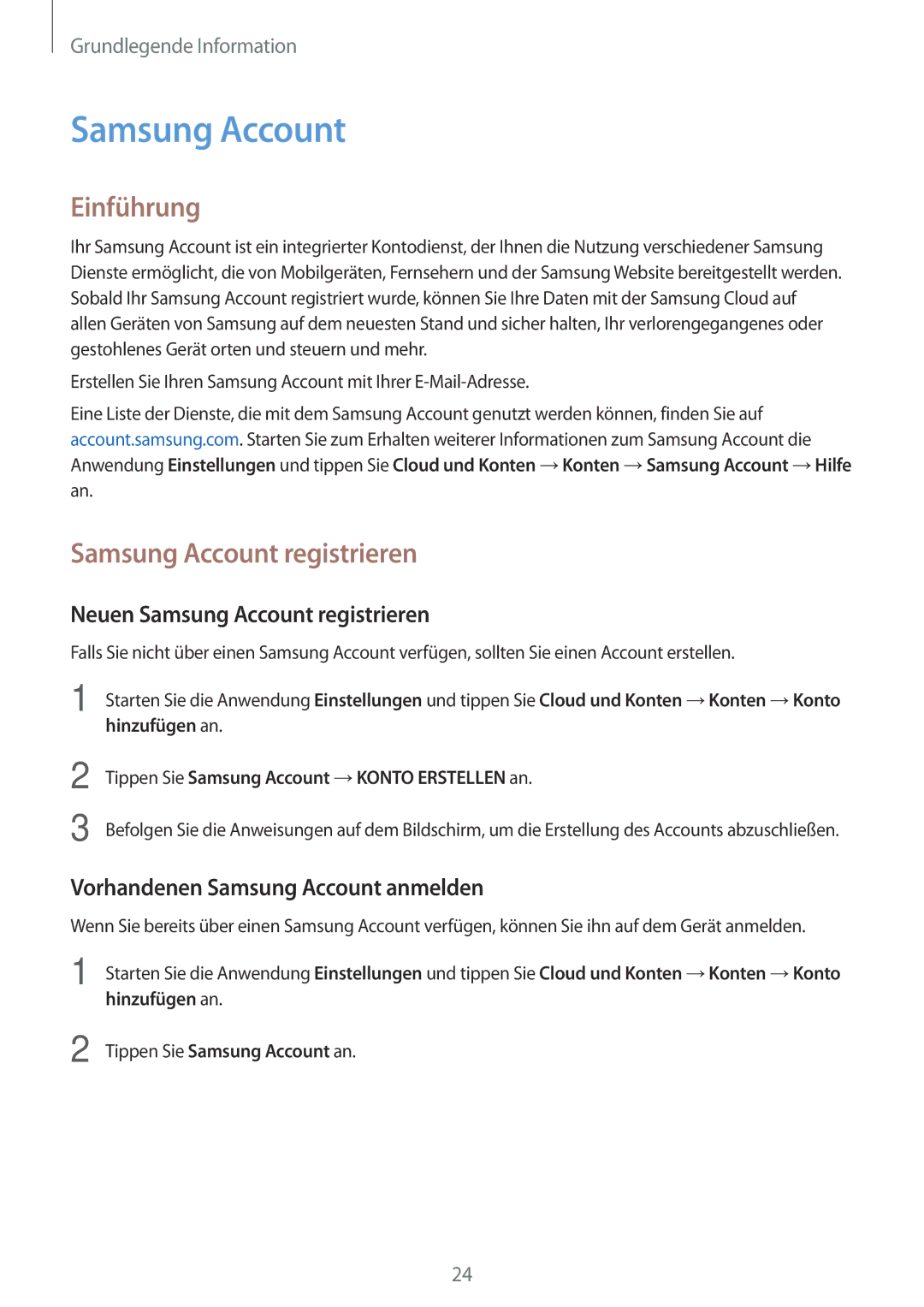 Samsung SM-T390NZKAATO manual Einführung, Neuen Samsung Account registrieren, Vorhandenen Samsung Account anmelden 