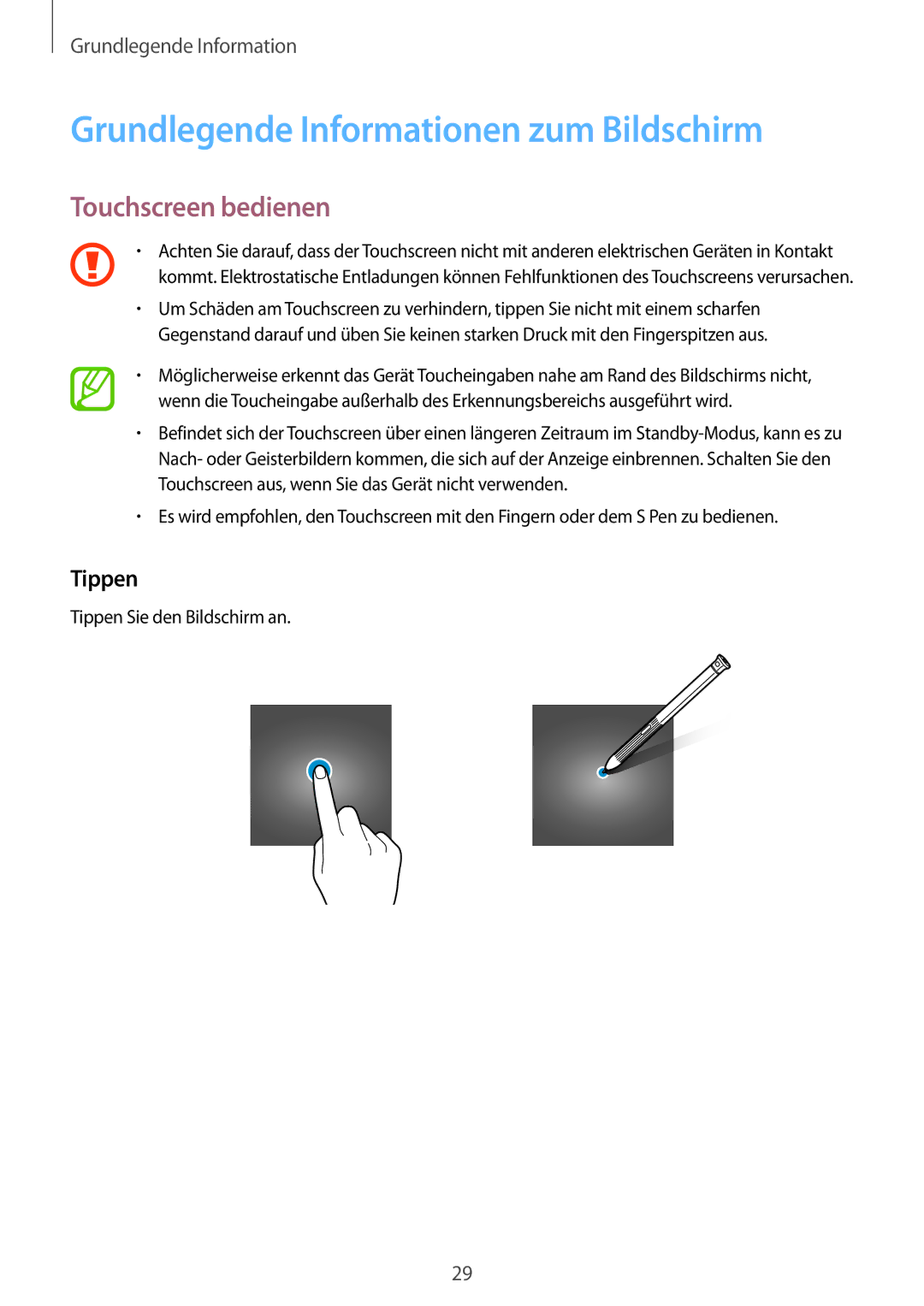 Samsung SM-T390NZKAATO manual Grundlegende Informationen zum Bildschirm, Touchscreen bedienen, Tippen 