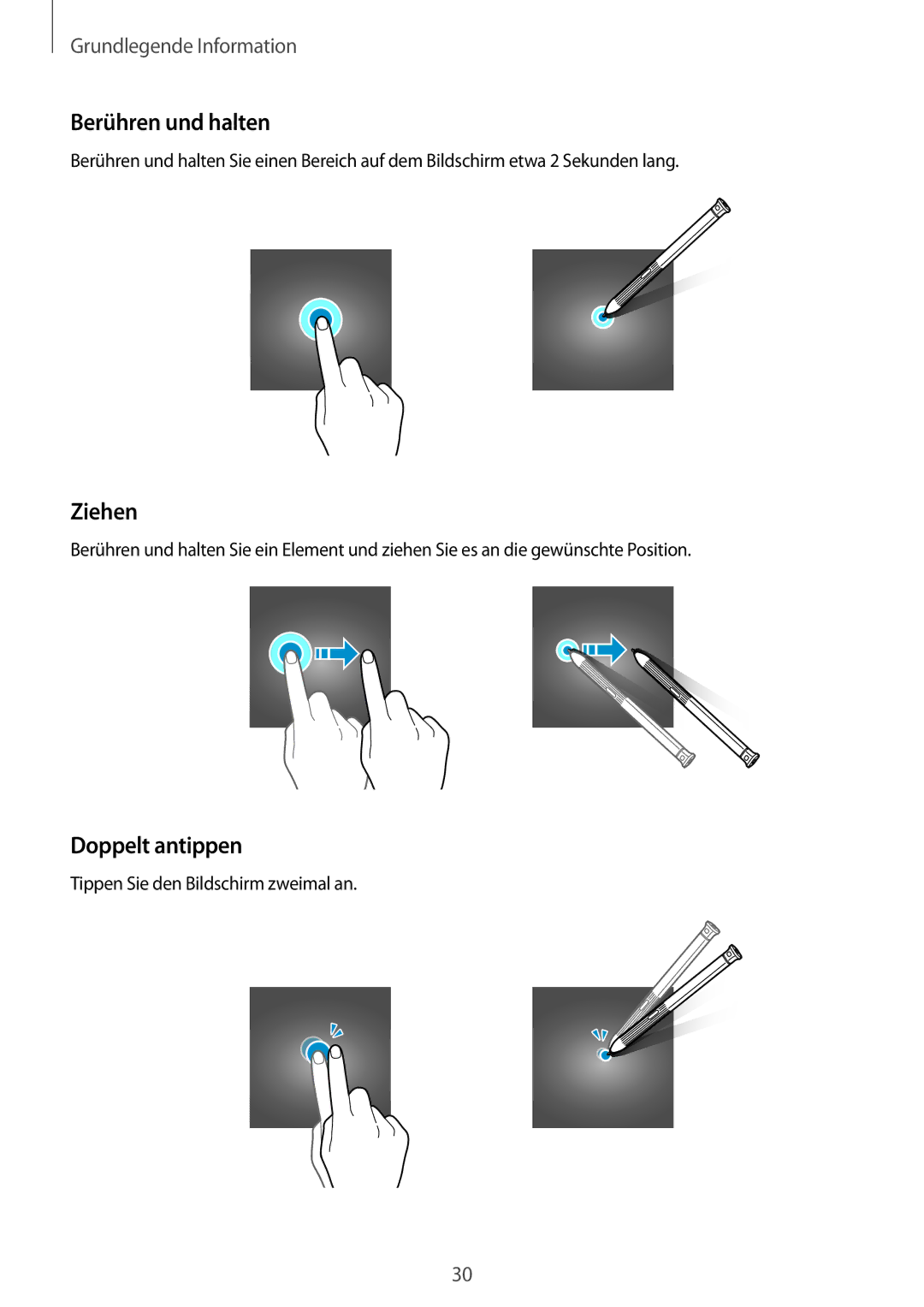 Samsung SM-T390NZKAATO manual Berühren und halten, Ziehen, Doppelt antippen, Tippen Sie den Bildschirm zweimal an 