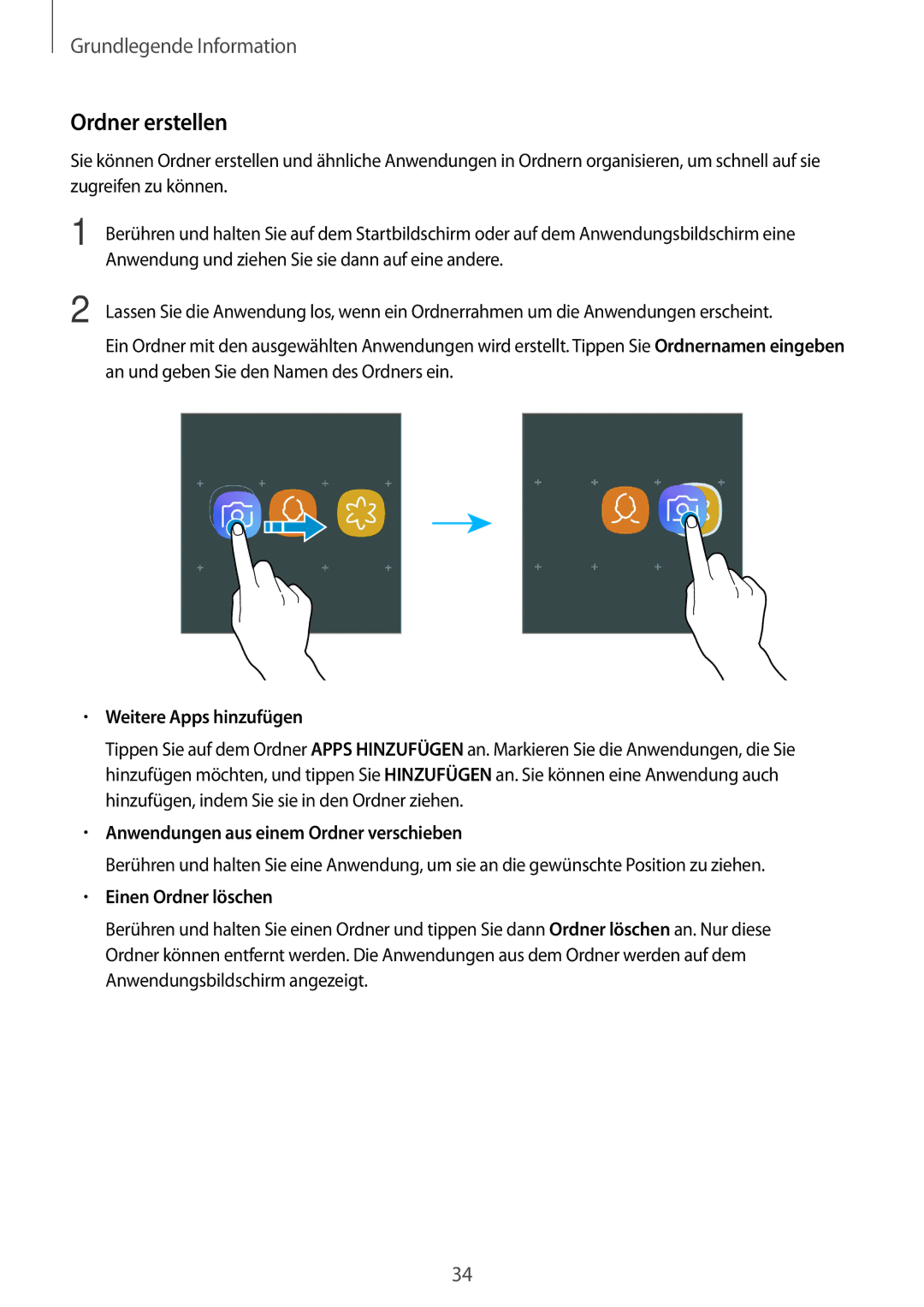 Samsung SM-T390NZKAATO manual Ordner erstellen, Weitere Apps hinzufügen, Anwendungen aus einem Ordner verschieben 