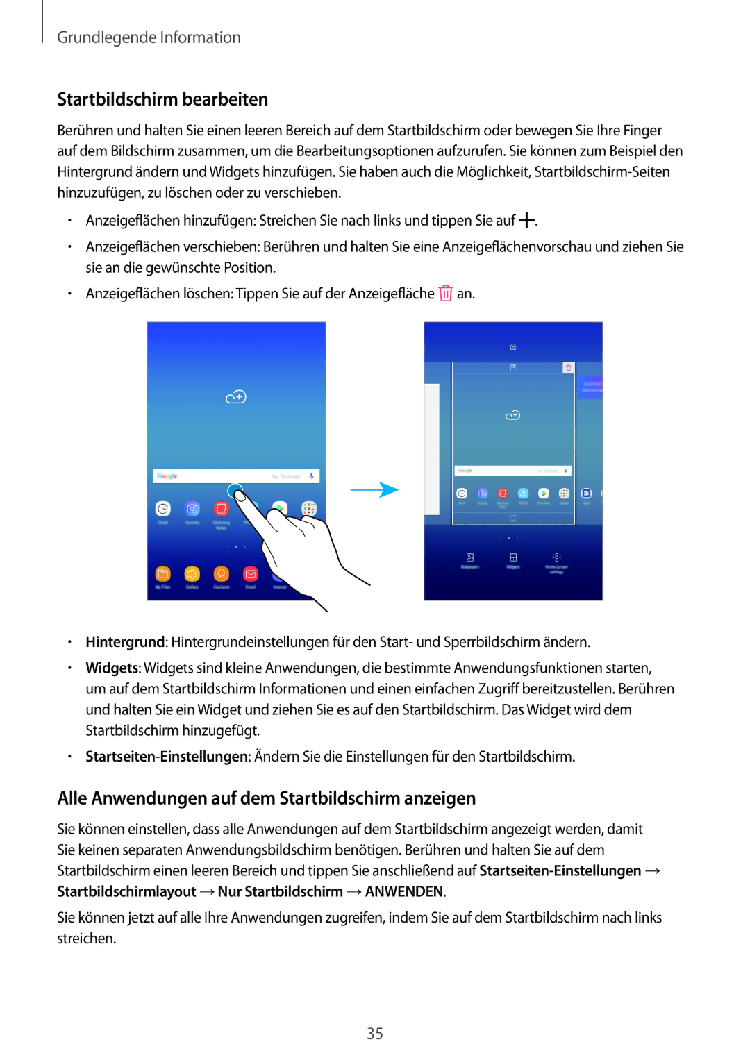 Samsung SM-T390NZKAATO manual Startbildschirm bearbeiten, Alle Anwendungen auf dem Startbildschirm anzeigen 