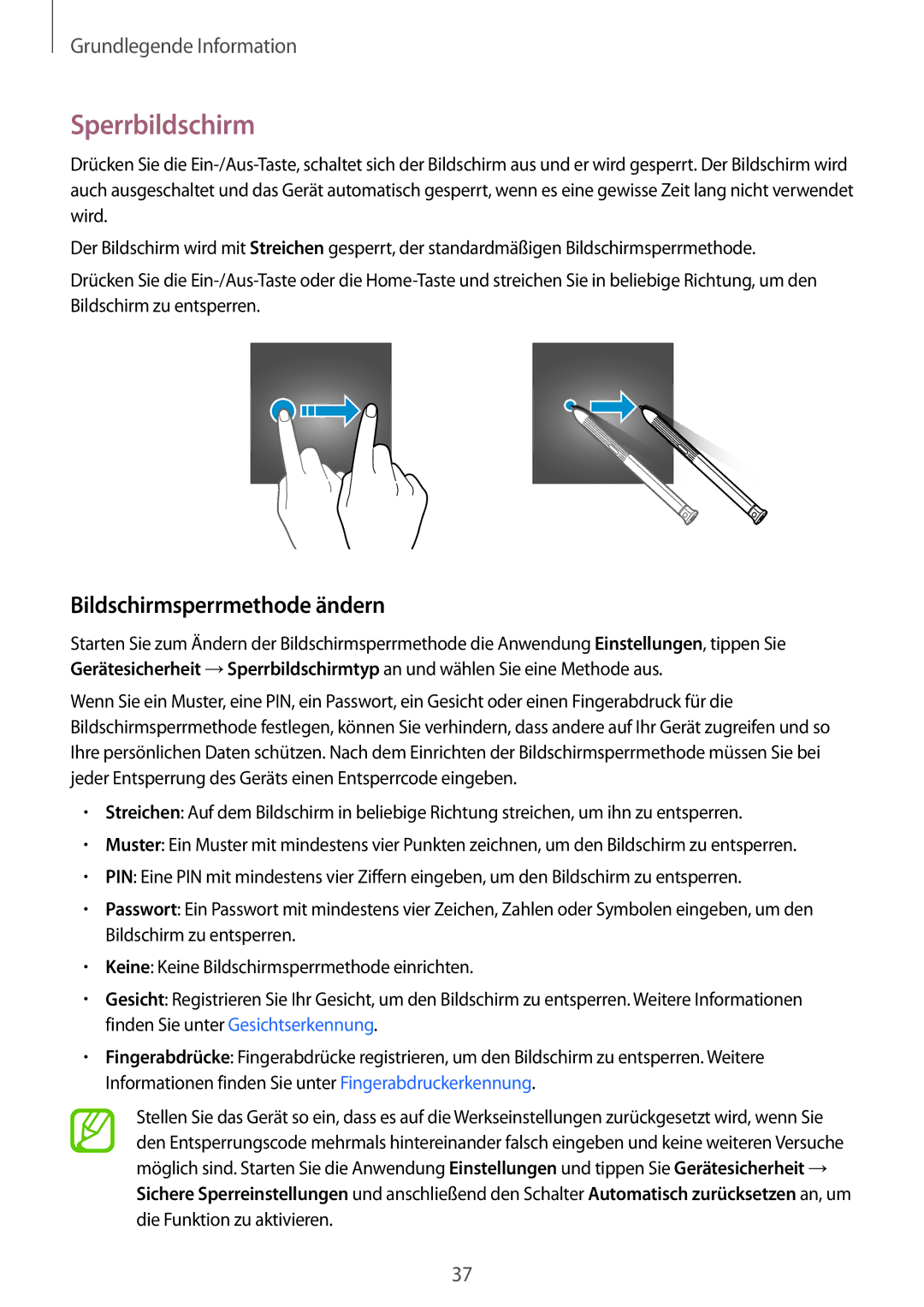 Samsung SM-T390NZKAATO manual Sperrbildschirm, Bildschirmsperrmethode ändern 