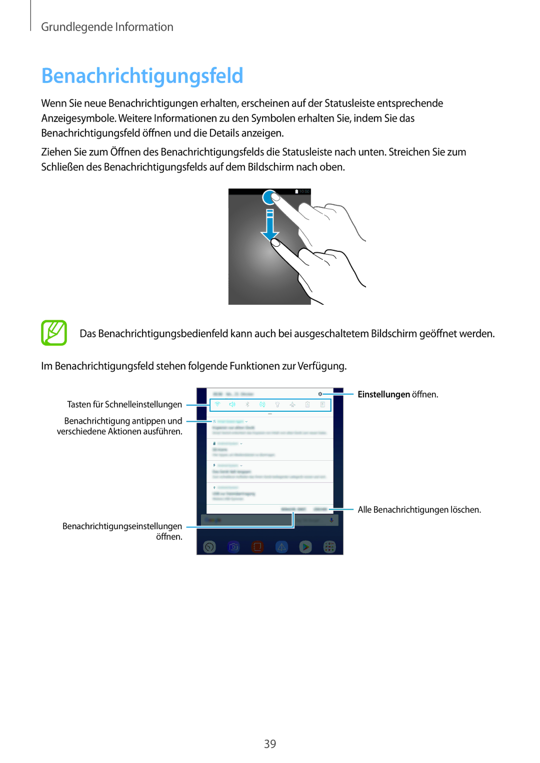 Samsung SM-T390NZKAATO manual Benachrichtigungsfeld, Tasten für Schnelleinstellungen 