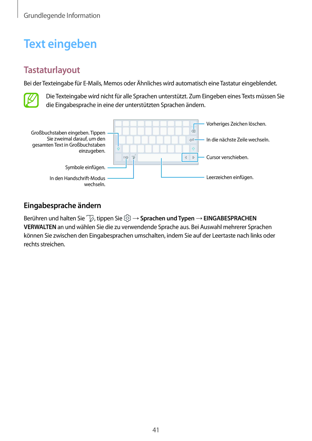 Samsung SM-T390NZKAATO manual Text eingeben, Tastaturlayout, Eingabesprache ändern 