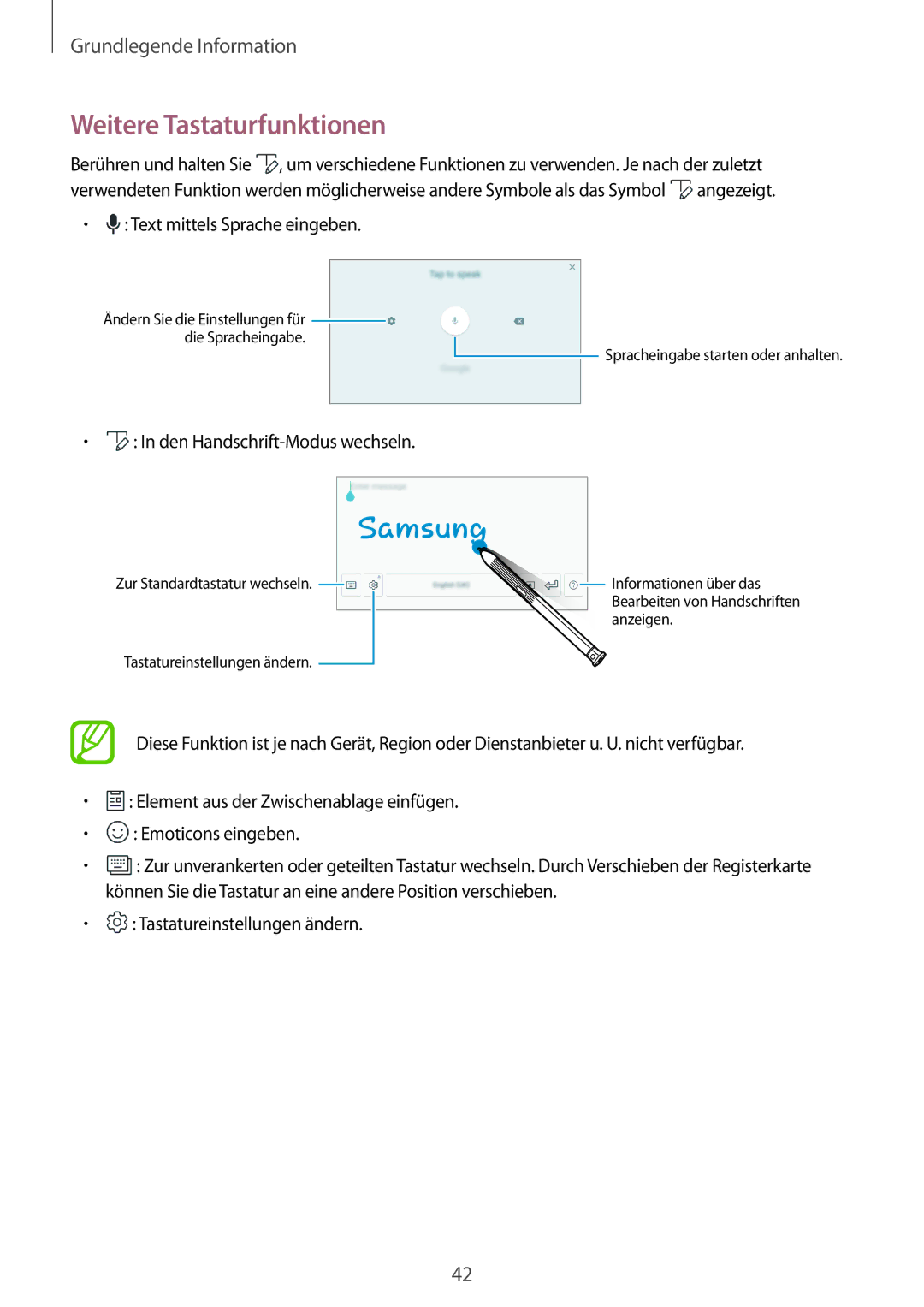 Samsung SM-T390NZKAATO manual Weitere Tastaturfunktionen, Text mittels Sprache eingeben, Den Handschrift-Modus wechseln 