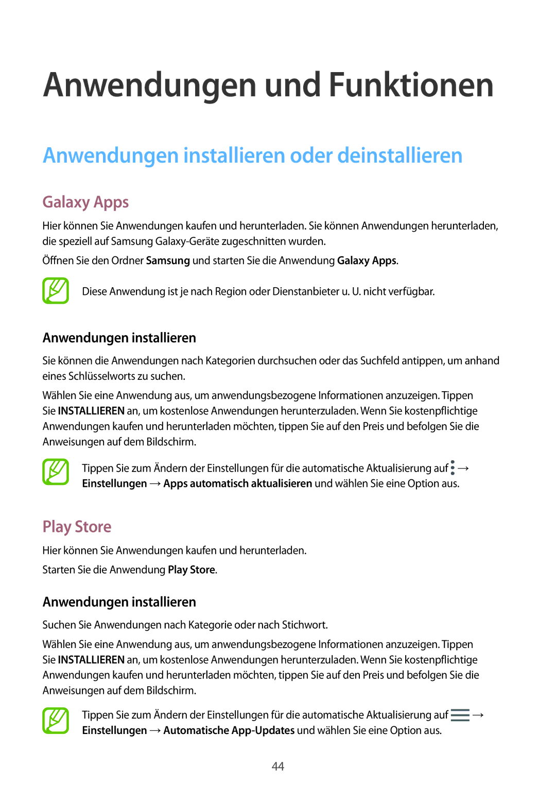 Samsung SM-T390NZKAATO manual Anwendungen installieren oder deinstallieren, Galaxy Apps, Play Store 