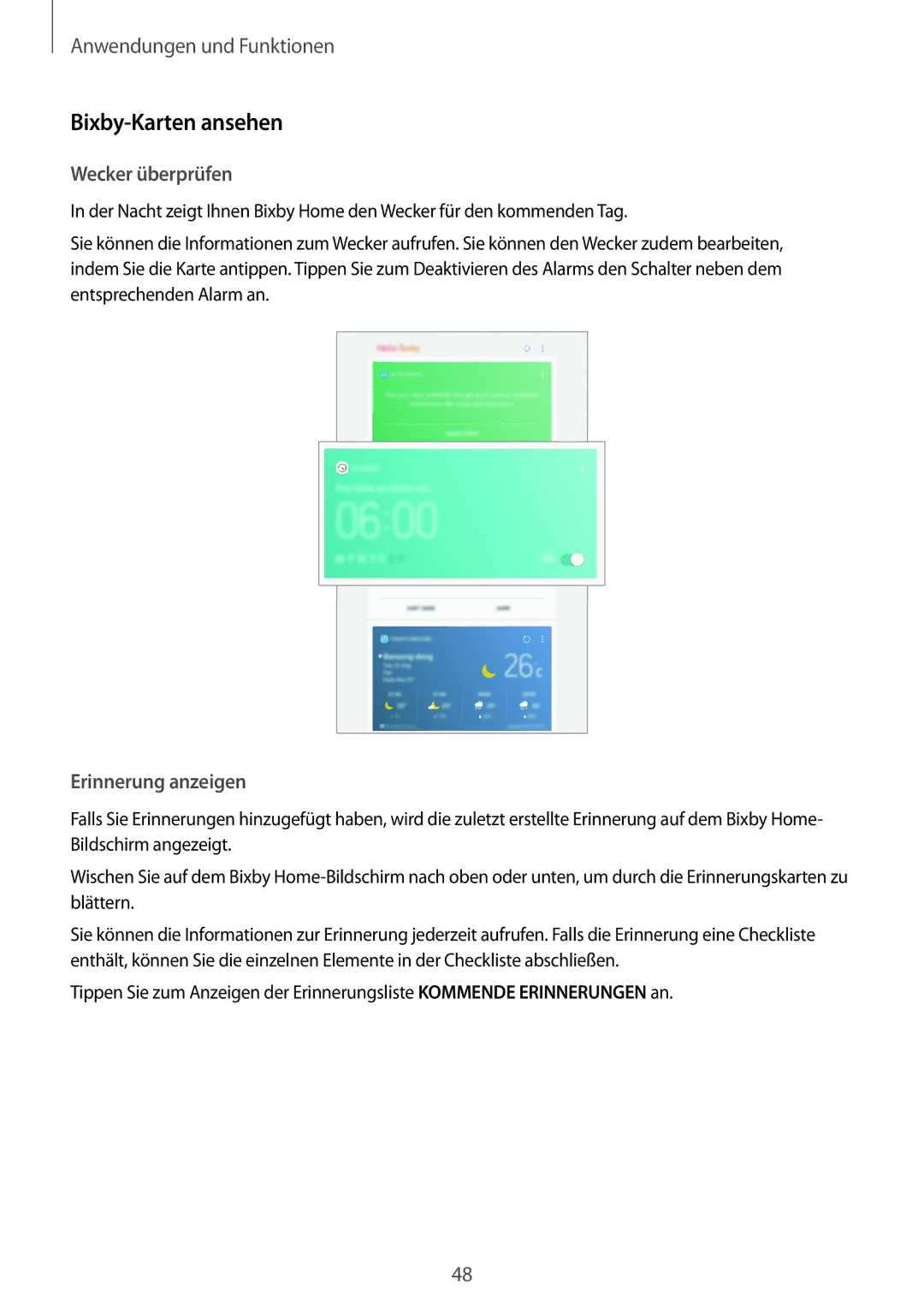 Samsung SM-T390NZKAATO manual Bixby-Karten ansehen, Wecker überprüfen, Erinnerung anzeigen 