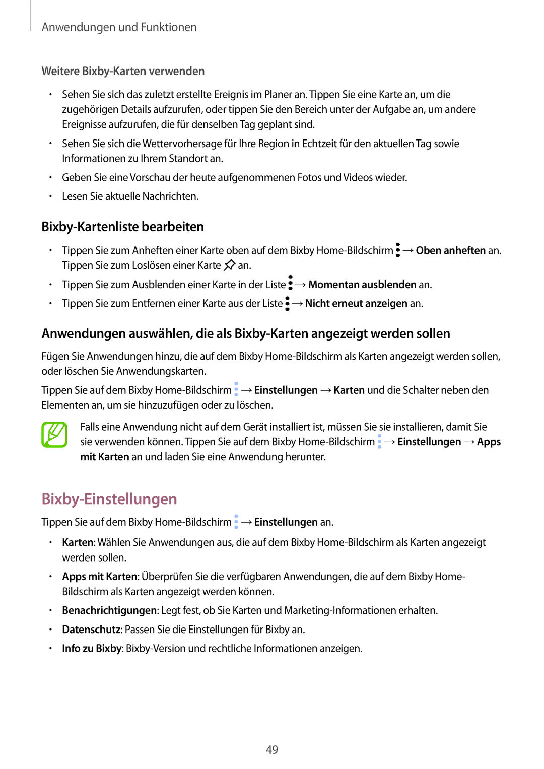 Samsung SM-T390NZKAATO manual Bixby-Einstellungen, Bixby-Kartenliste bearbeiten, Weitere Bixby-Karten verwenden 