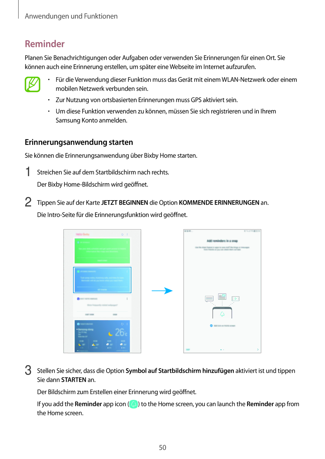 Samsung SM-T390NZKAATO Reminder, Erinnerungsanwendung starten, Sie können die Erinnerungsanwendung über Bixby Home starten 