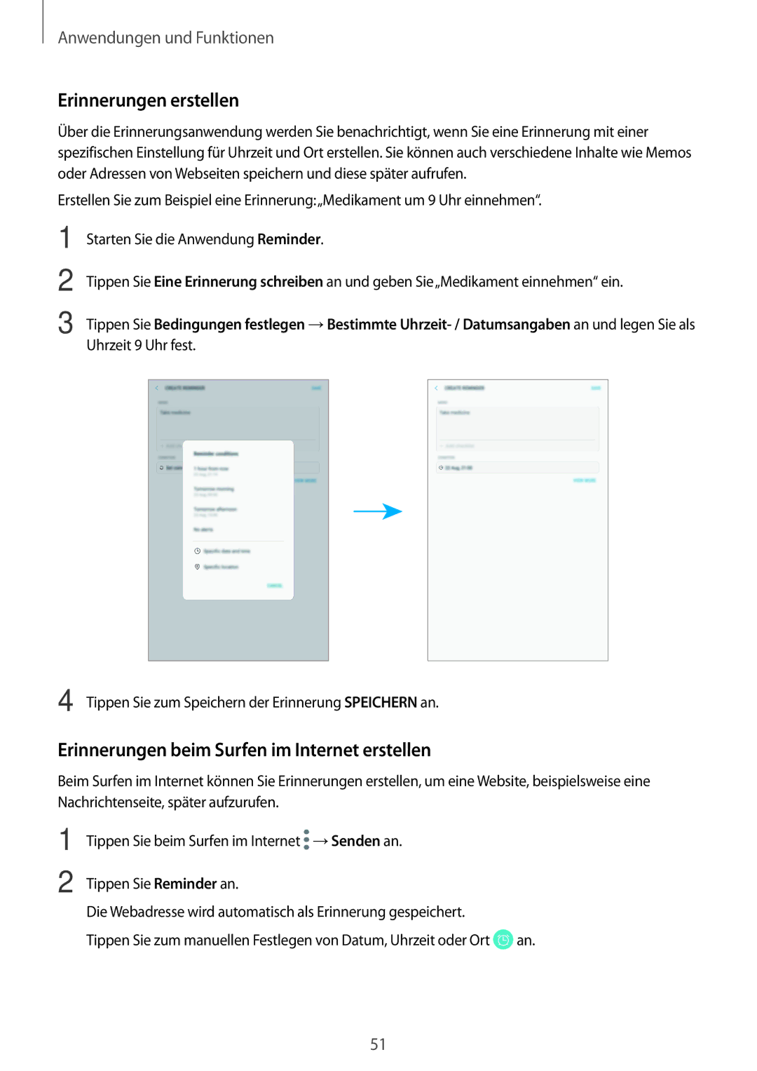 Samsung SM-T390NZKAATO manual Erinnerungen erstellen, Erinnerungen beim Surfen im Internet erstellen 