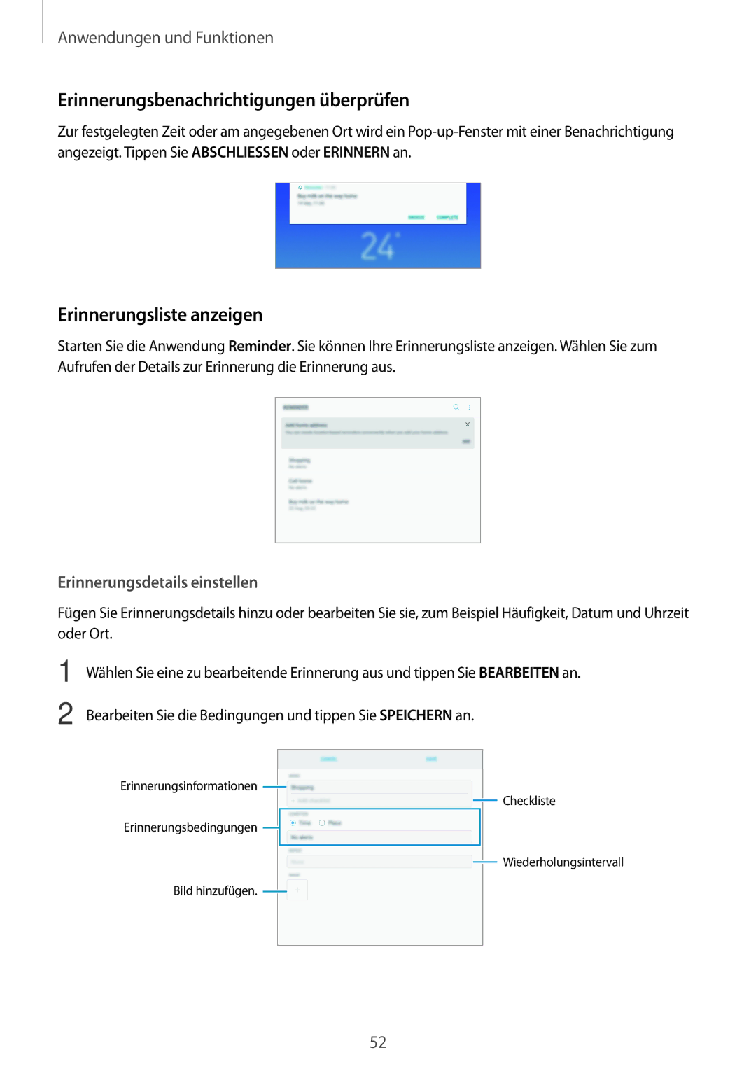 Samsung SM-T390NZKAATO Erinnerungsbenachrichtigungen überprüfen, Erinnerungsliste anzeigen, Erinnerungsdetails einstellen 