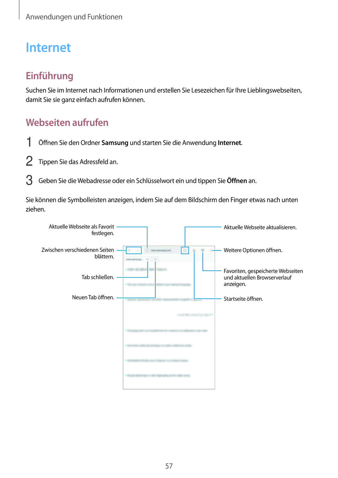 Samsung SM-T390NZKAATO manual Internet, Webseiten aufrufen 