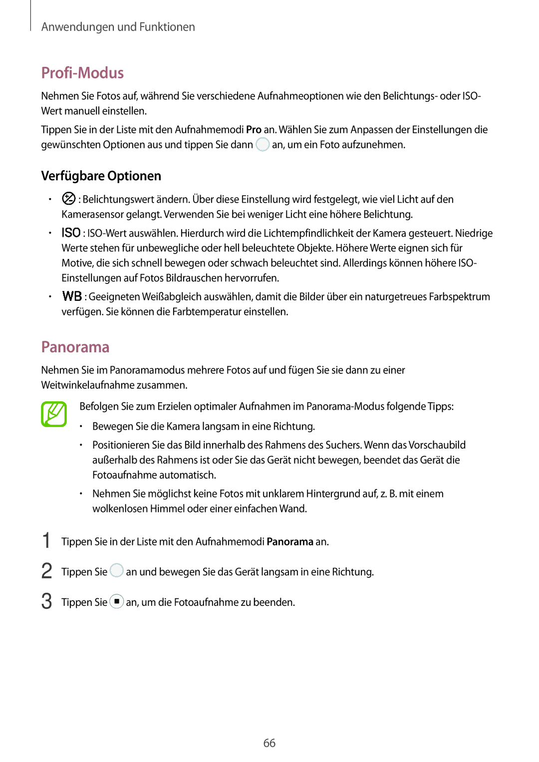 Samsung SM-T390NZKAATO manual Profi-Modus, Panorama, Verfügbare Optionen 